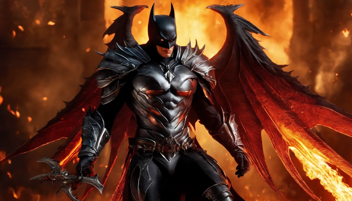 Ultra-realistic devil: A silver and black armor batman angel with wings spread with a fiery sword in his hand, fire in the background