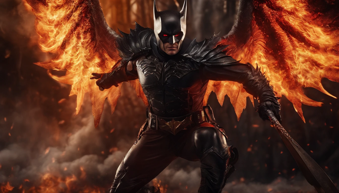 Ultra-realistic devil: A silver and black armor  batman angel with wings spread with a fiery sword in his hand, fire in the background