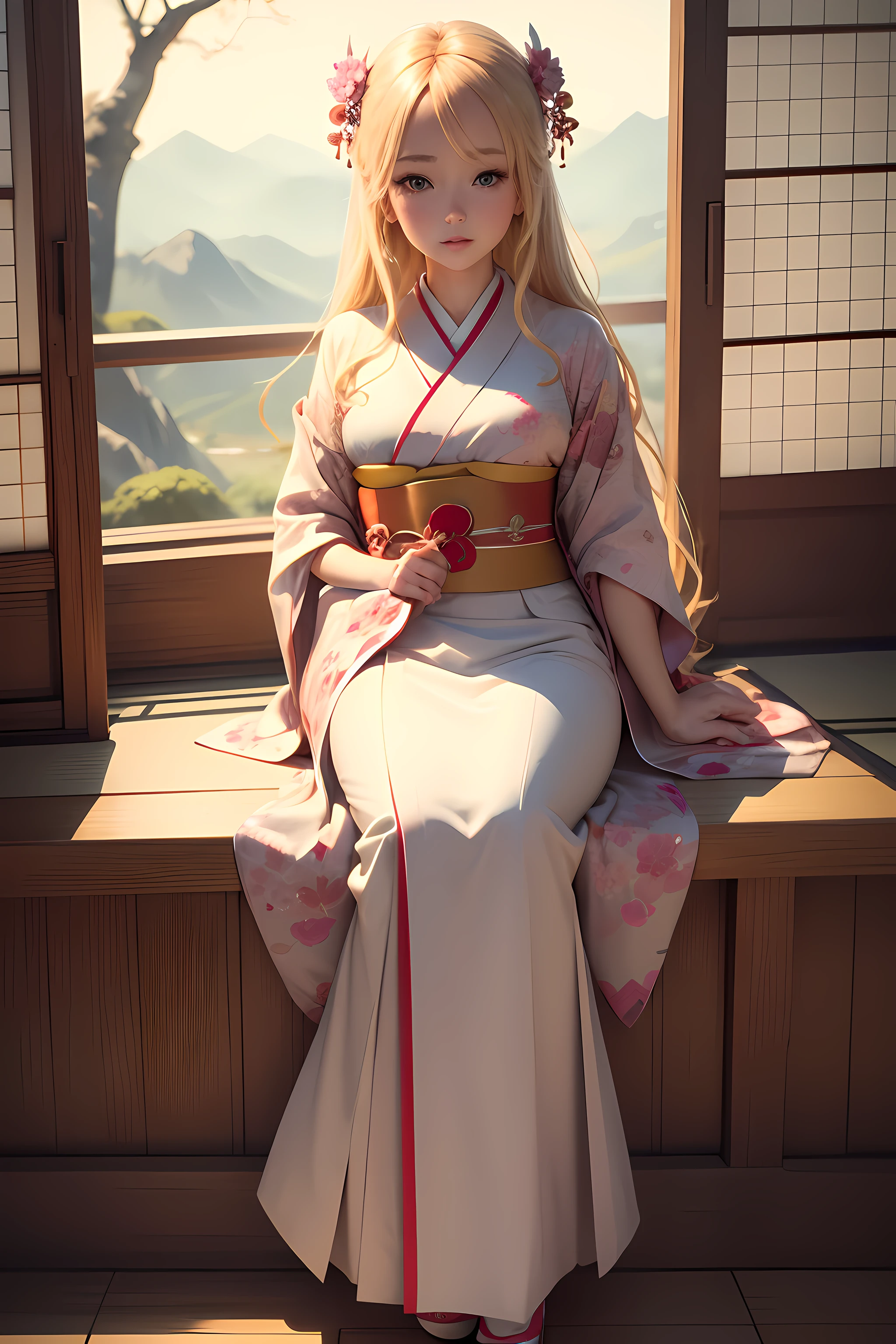 High definition, Beautiful blonde hair girl, soft exquisite facial features, sweet anime, wearing a traditional kimono, beautiful fantasy scenery, masterpiece, best quality, full body