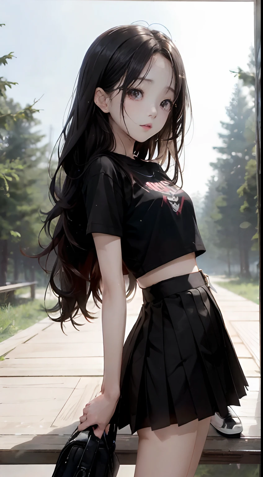 ((Jisoo from Blackpink)), t-shirt, tiny pleated skirt, waist-high black tights, high heels, close-up from thighs to face, shot from below, very light skin, very long hair, wavy hair, camp, forest, photorealistic , indirect lighting, volumetric light, ray tracing, hyper-detailed, best quality, high resolution, HDR, 8k