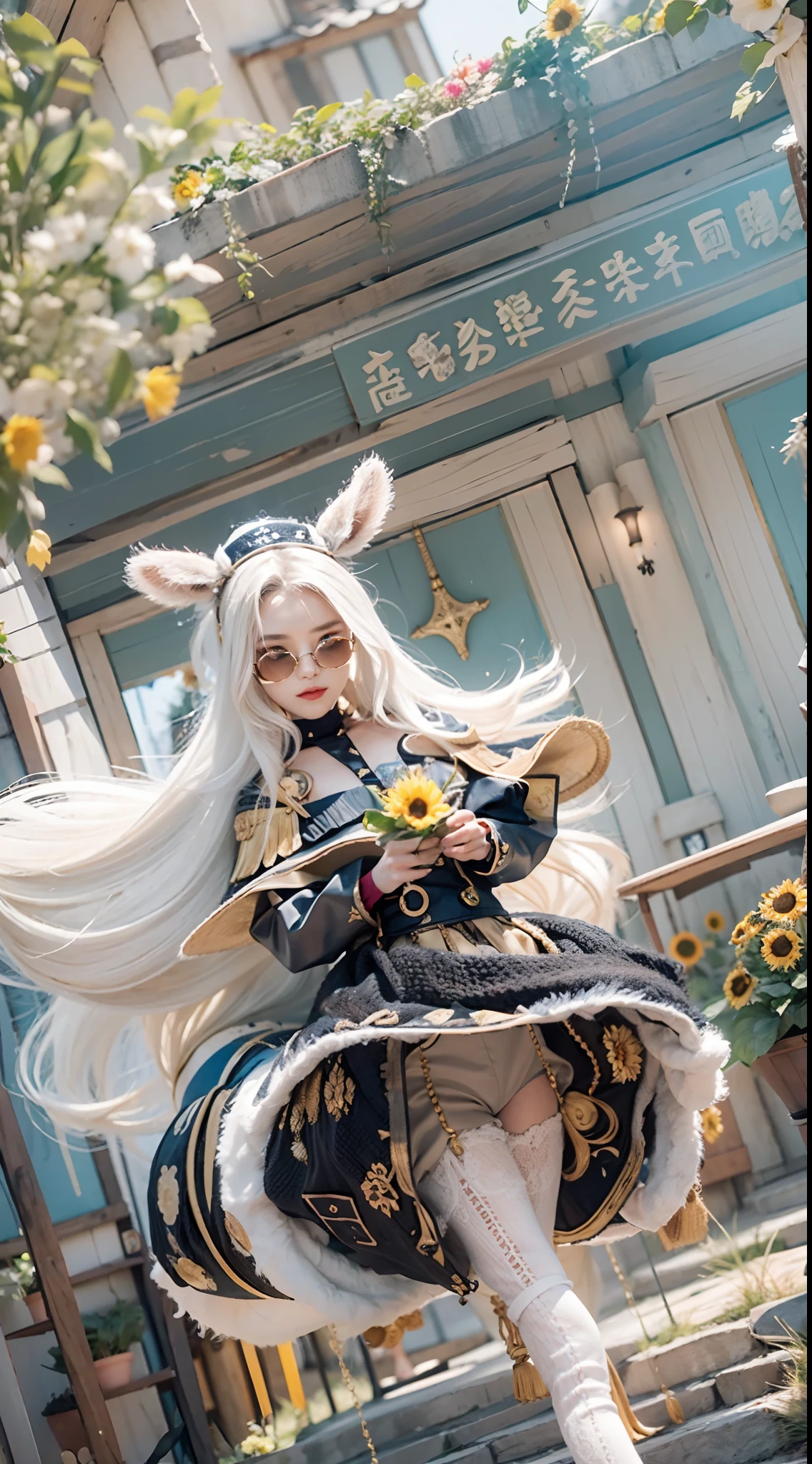In a very grand scene,The extra-large wide-angle lens captures the appearance of a female centaur。She is a Sunflower Worship nun,Always opposed(Healing emoji smiley face of knitted sunflower puppet😊:99.99)DOA。She is tall,It has the ultimate curvy beauty,The muscles are slender and firm,Beautiful lines。She has(Super huge sky blue eyes:99.99)、always(Wearing sexy glasses:6.66)、(She wears solemn nun attire:9.9)、Stepping on a boot-style skyscraper-heel、A pink cross hangs on his chest。Use Midjourney's advanced tools,Designed for female centaurs(A knitted sunflower puppet and create a super healing cartoon smiley face in the center of the flower tray as a decoration:9.9),and noble and solemn nun costumes,and highlight her unique physiological characteristics and appearance details,Add realism。And in the context of her prayers and listening to confessions,Spectacular views of nature,Such as the sky where storms and sunny days alternate、Brilliant rivers of stars and auroras、The snow-capped summit of Mount Everest、Fireworks in the mountain town, etc。ao mesmo tempo,Away from the hustle and bustle next to the chapel,Create a fantastic scene。Use Midjourney's advanced tools and multiple color palettes、Brush Strokes、Texture tools and model packages,It shows a sense of atmosphere where beauty and charm coexist。The charm of the female centaur is highlighted through color and lines,Enhance realism with detailing,Create a surreal dreamy feeling。Additionally,Use Midjourney's tools to add various exorcism props and books to the female centaur、pergaminhos,Create intricate hairstyles and outfits,Give her a sense of premium。She never flinches,No matter what monster you encounter,can respond quickly,Even the most extreme armies of natural disasters and monsters could not stop her and her front(Sunflower with Tyndall effect that emits sunlight9.99)。Use Midjourney's powerful tools,You can do it with incredible detail and beauty,Bring this ultra-grand and beautiful scene to life。Ultra-grand sc