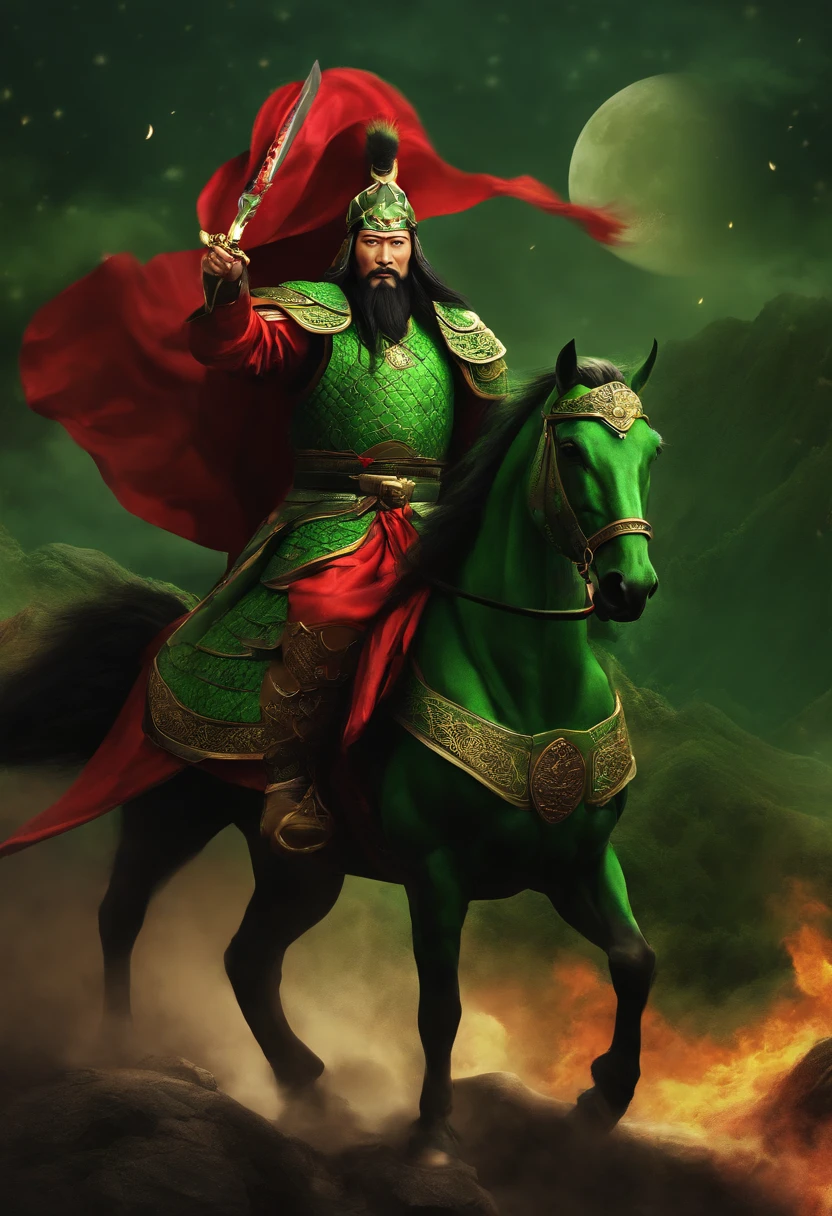 Guan Yu rode a red horse，Wearing a green robe，Image of Guan Yu in the Romance of the Three Kingdoms，Green armor，Green Dragon Moon Knife，Green hat，HighestQuali，A high resolution，tmasterpiece