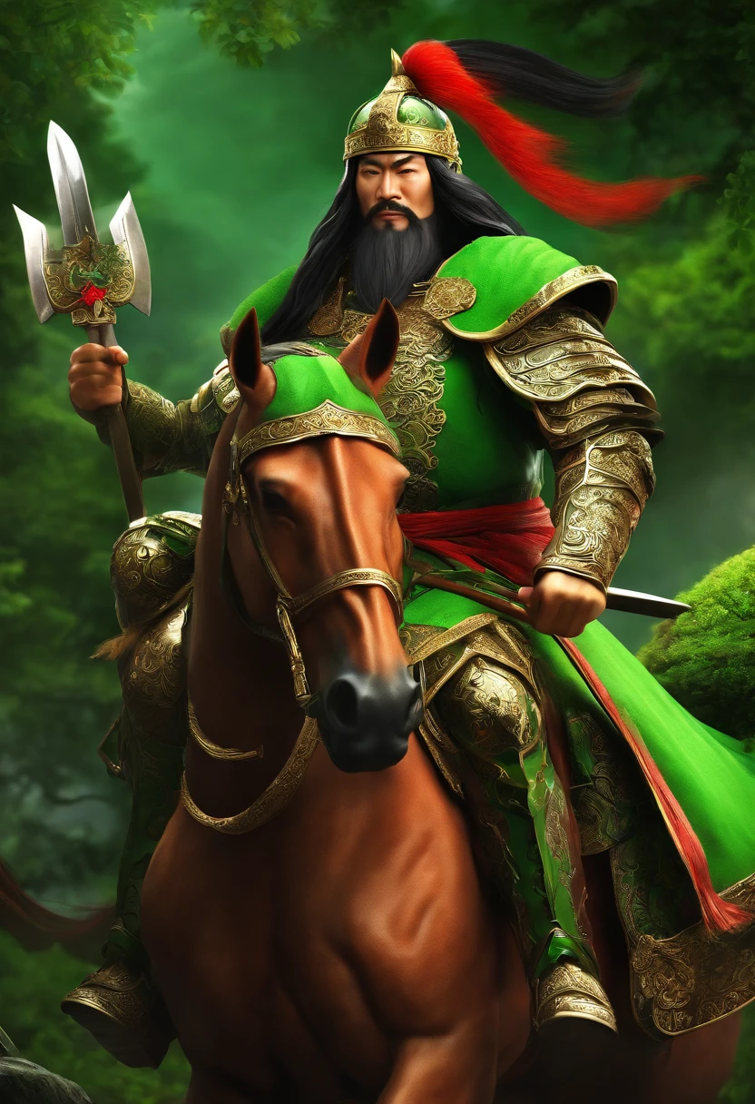 Guan Yu rode a red horse，Wearing a green robe，Image of Guan Yu in the Romance of the Three Kingdoms，Green armor，Green Dragon Moon Knife，Green hat，HighestQuali，A high resolution，tmasterpiece