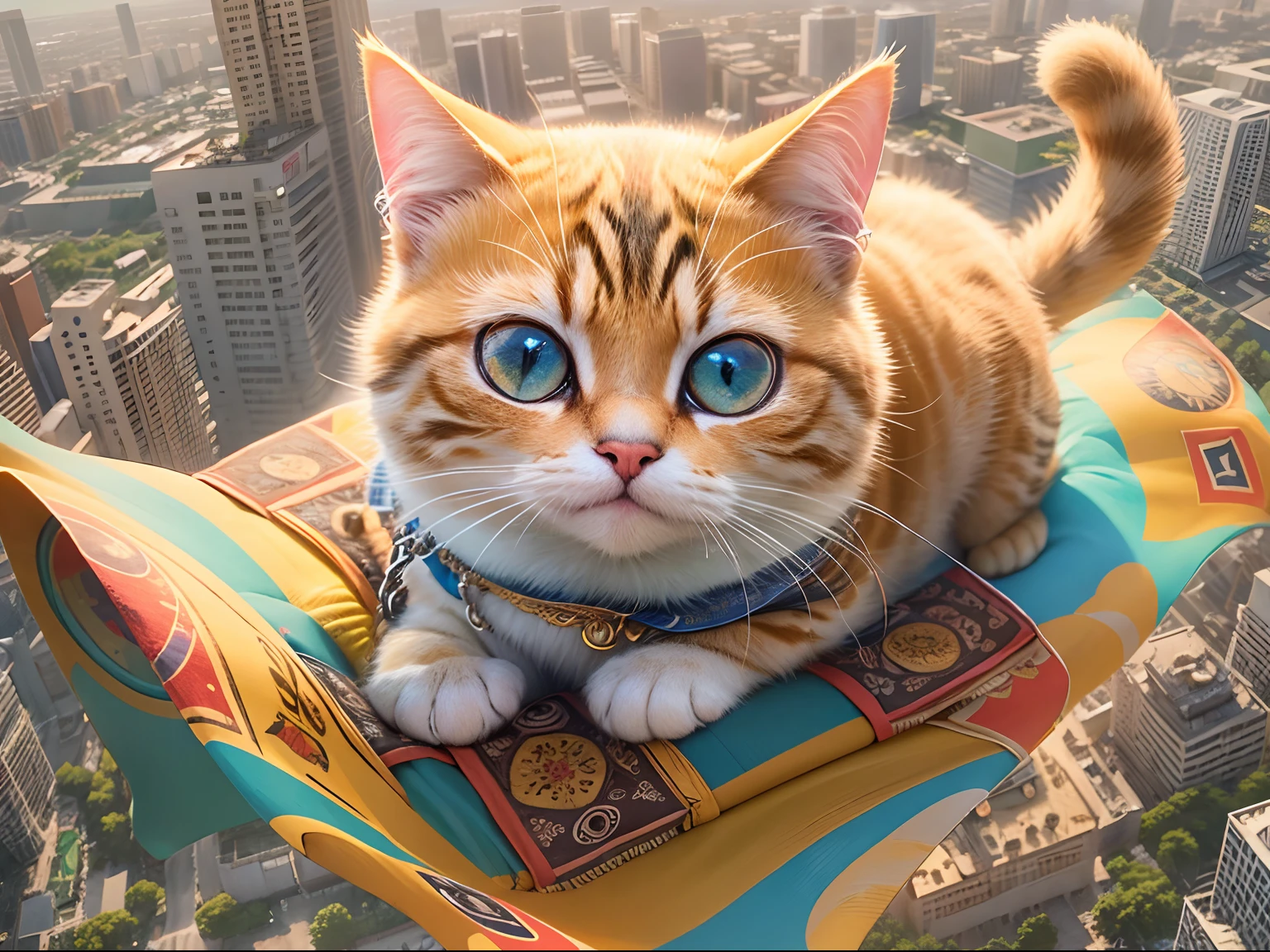 1 round-eyed adorable cat, Being in the air, Sit on a colorful Aladdin flying carpet ,viewed from bird's-eye, The background is the city of the future, Science fiction world.