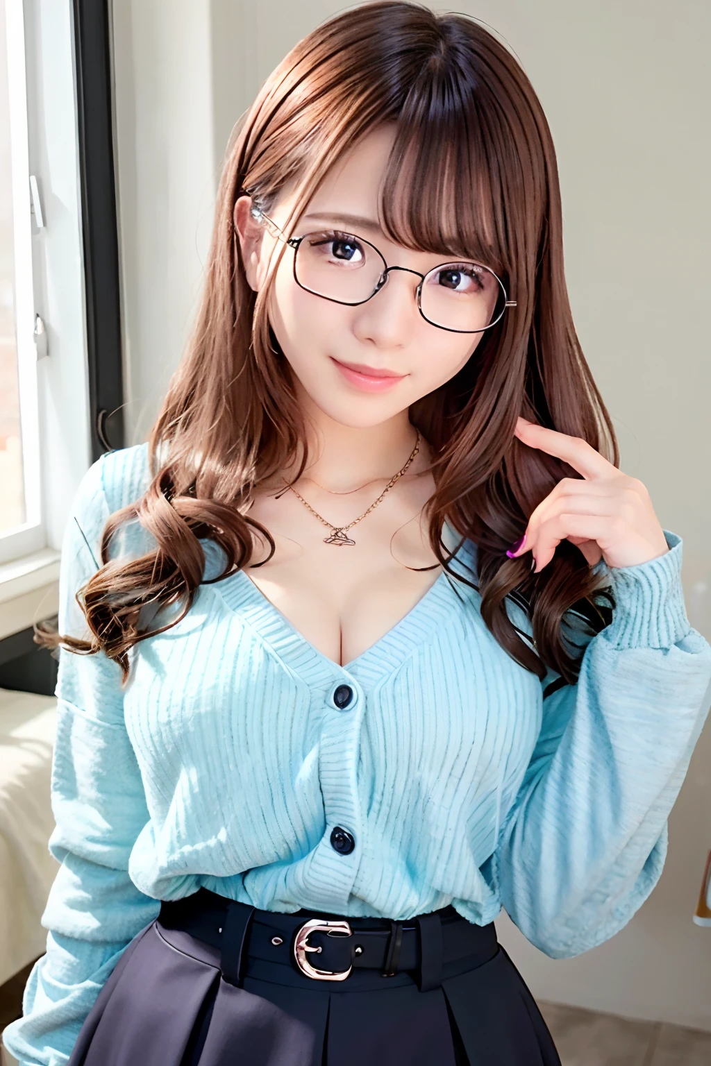 (Skin blemishes:1.2),1womanl, 21years old, (((femele))), (Skindentation), a gorgeous, 独奏, realisitic, top-quality, Photorealsitic, masterpiece, 8K, hight resolution, 独奏, extra detailed face, fullface, (profetional lighting、bokeh dof), (light particules、lensflare、Luminous particles:0.6)、Soft lighting、Fashionable and trendy atmosphere、、(The long-haired)、brown haired、Floating hair、nase、s lips、lipsticks、Black-rimmed glasses、seducting smile、White Y-shirt、long skirt、Wearing a cardigan、Wear black glasses、耳Nipple Ring、a necklace、A bracelet、selfy、looking at mirror、a room、