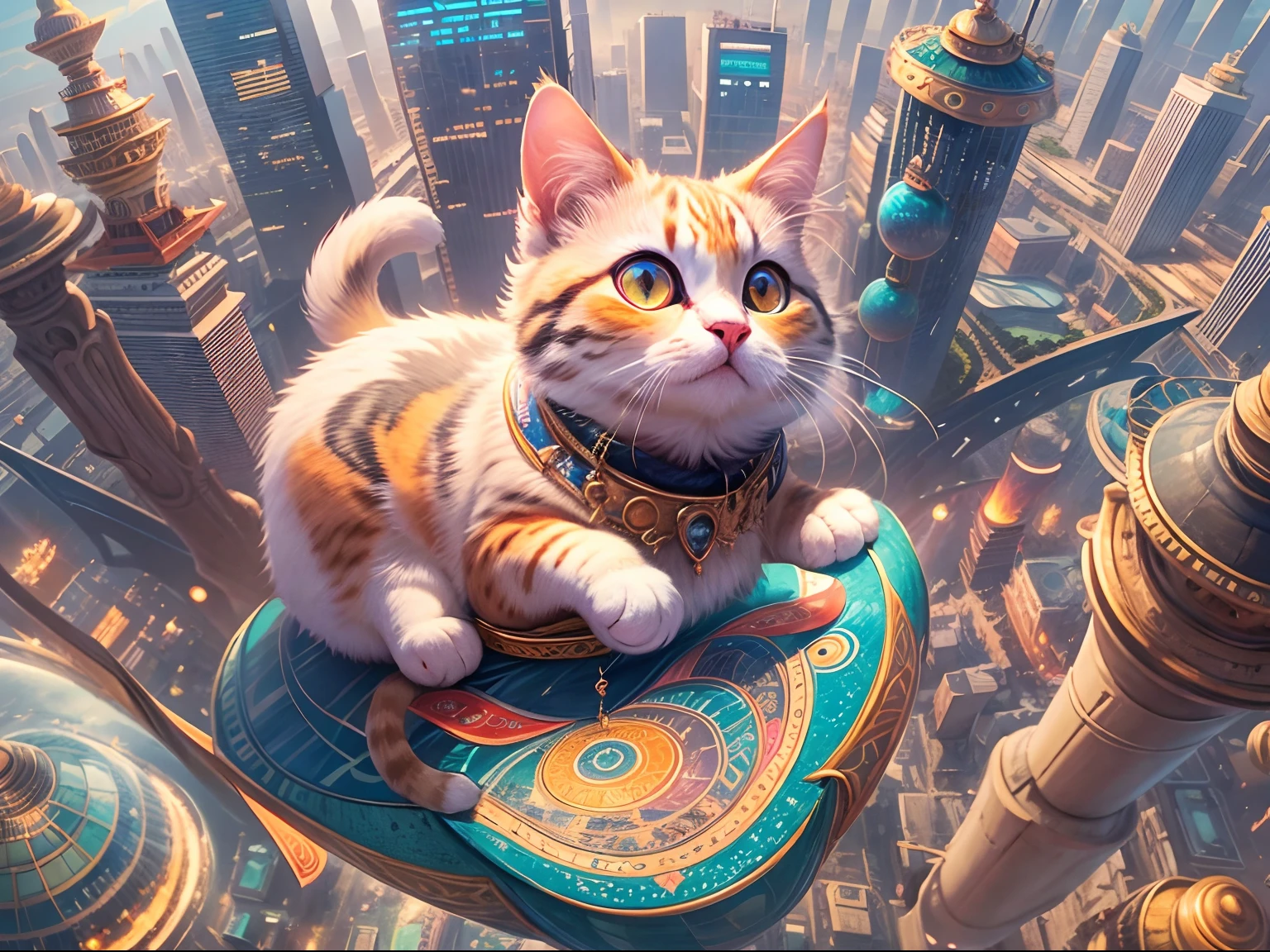 1 round-eyed adorable cat, Being in the air, Sit on a colorful Aladdin flying carpet ,viewed from bird's-eye, The background is the city of the future, Science fiction world.