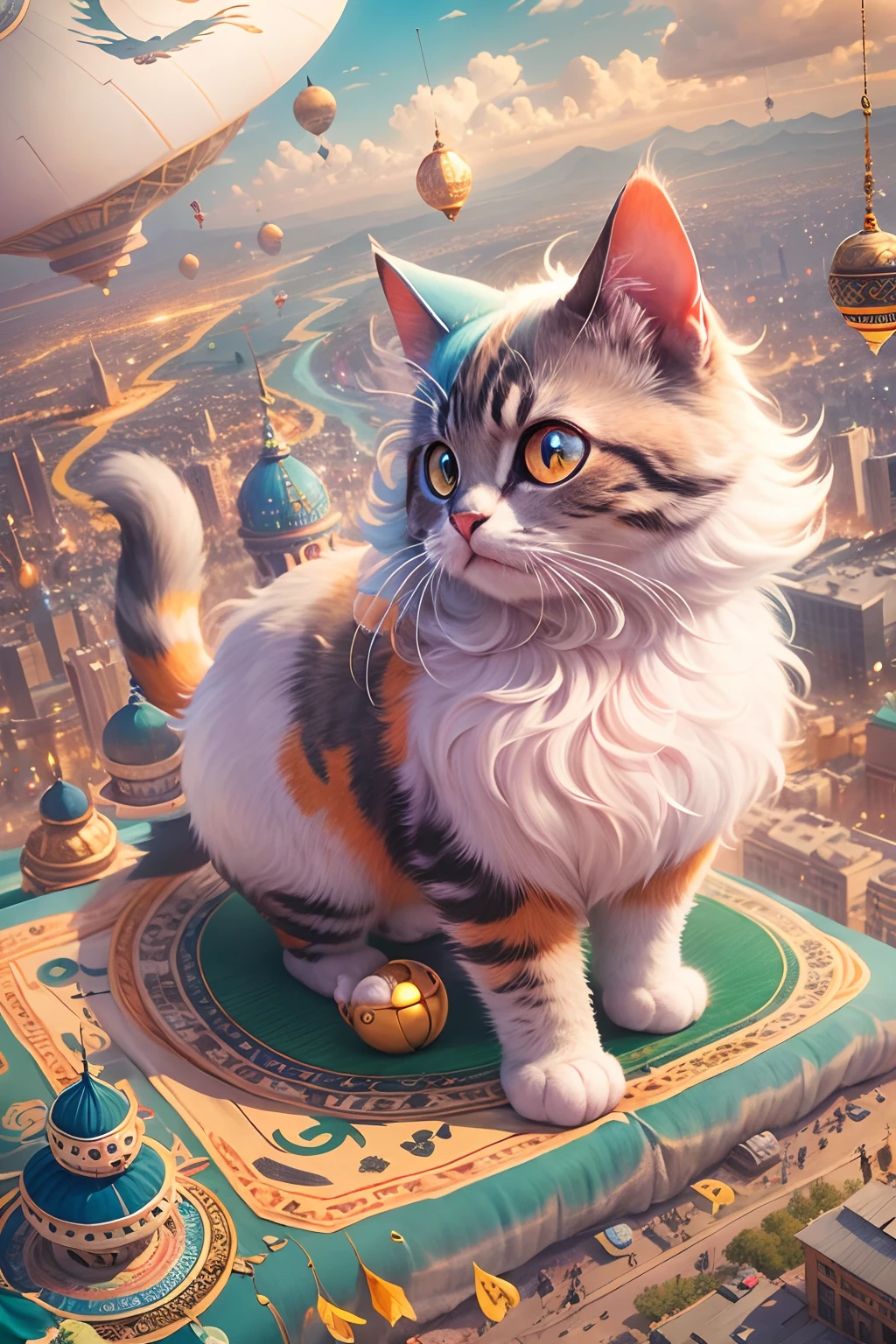 1 round-eyed adorable cat, Being in the air, Sit on a colorful Aladdin flying carpet ,viewed from bird's-eye, The background is the city of the future, Science fiction world.