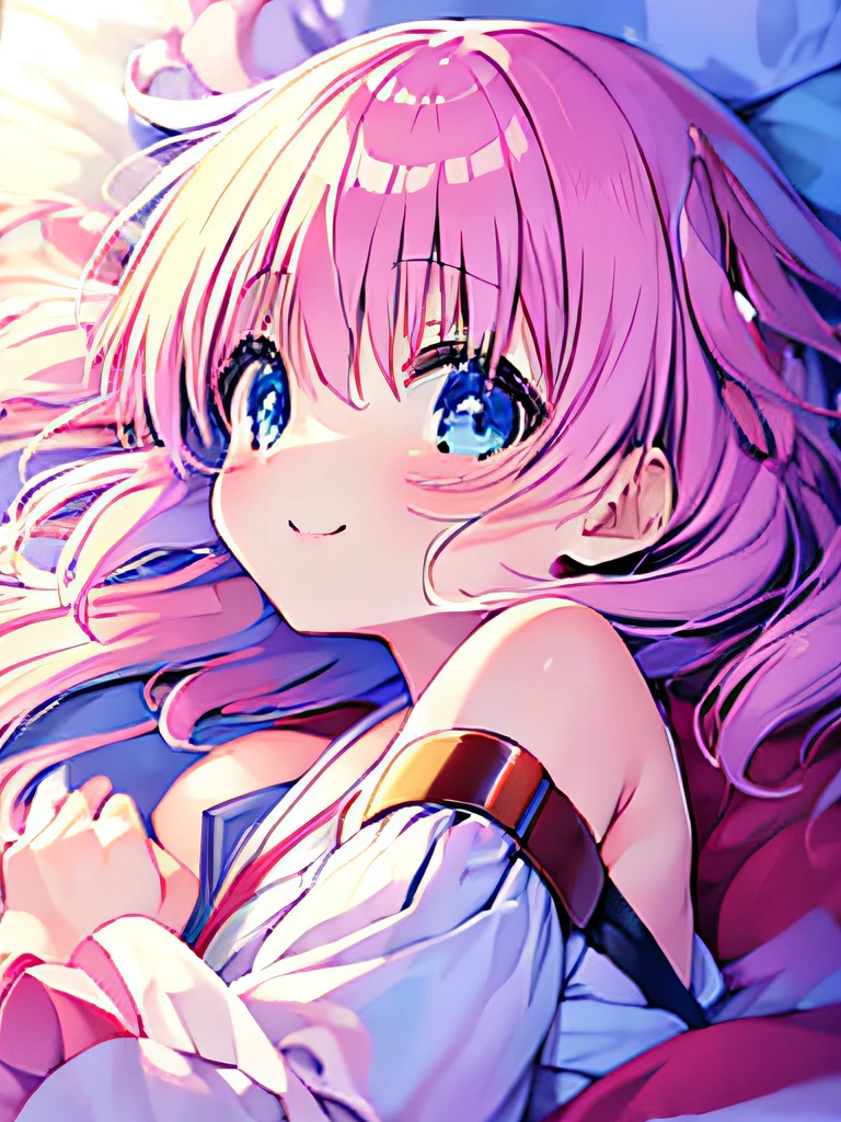 ((masutepiece)), ((Best Quality)), (Ultra-detailed), Anime style, on the bed, Cut s, 1girl in, Solo, ((Beautiful eyes))0, Smile