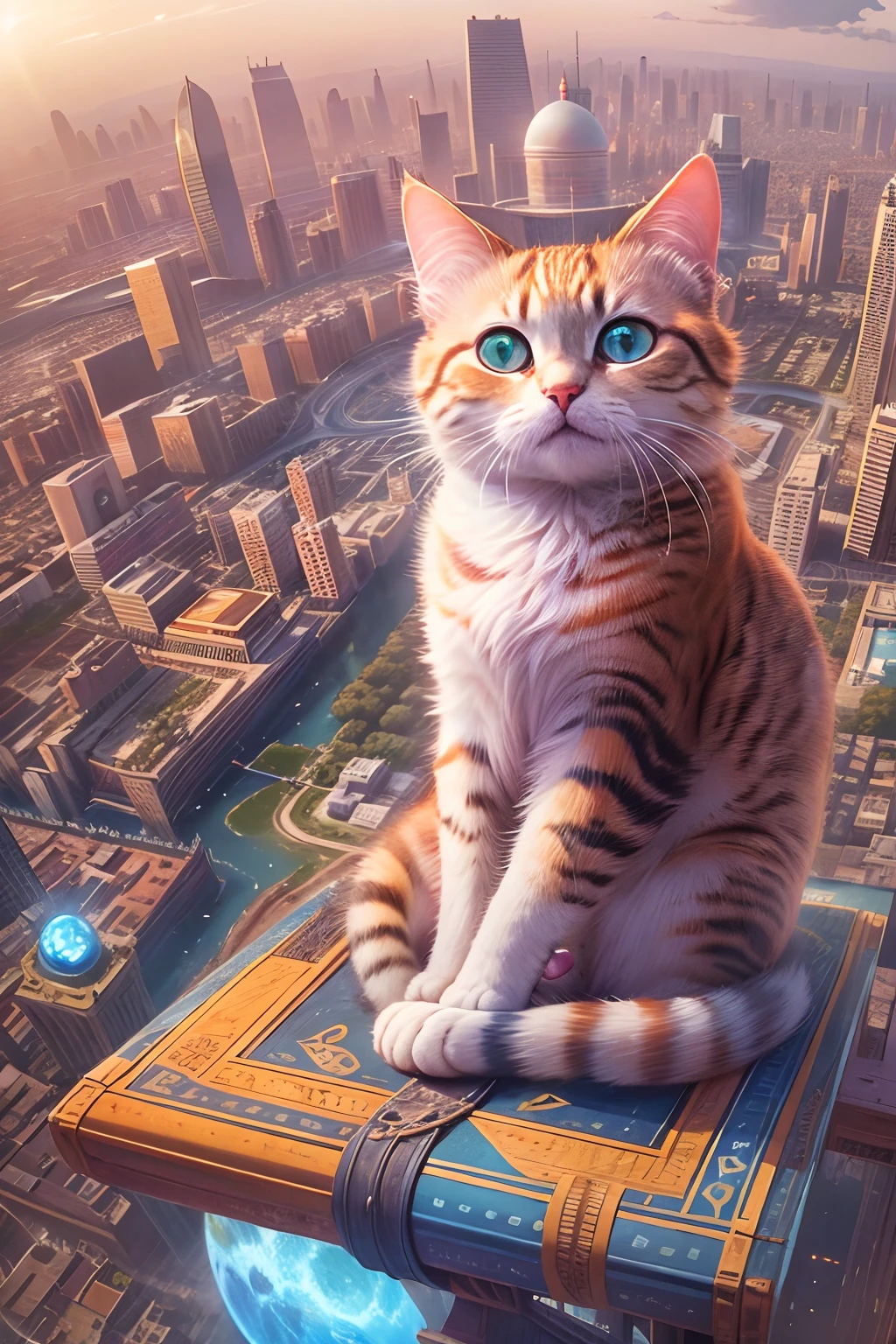 1 round-eyed adorable cat, Being in the air, Sit on a colorful Aladdin flying carpet ,viewed from bird's-eye, The background is the city of the future, Science fiction world.