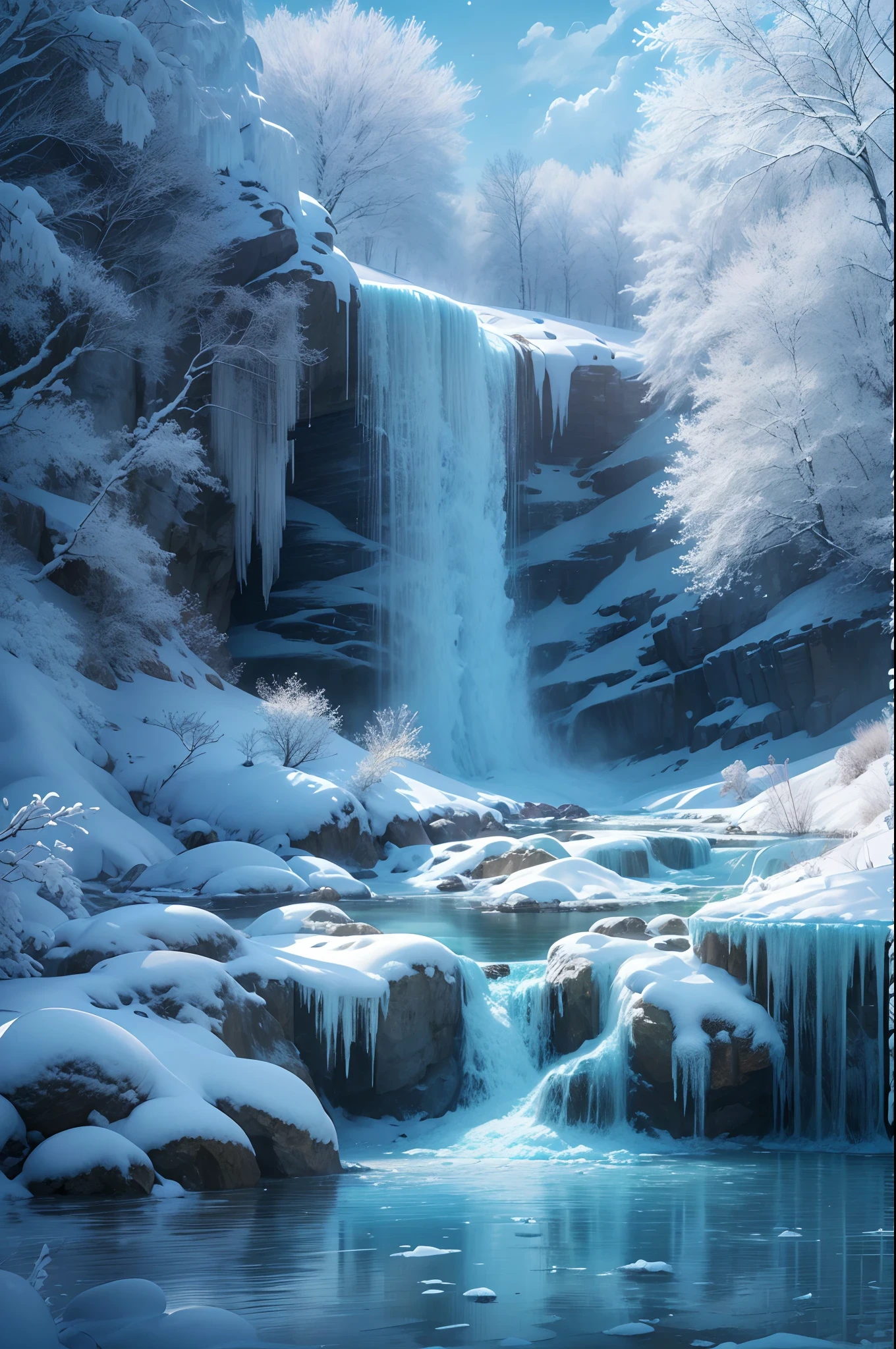 (best quality,realistic,highres:1.2),ultra-detailed,landscape,great waterfall,frozen,winter,crystal clear,serene,icicles,snow covered tree,ice formations,sparkling,peaceful,tranquil,winter wonderland,frosty,majestic