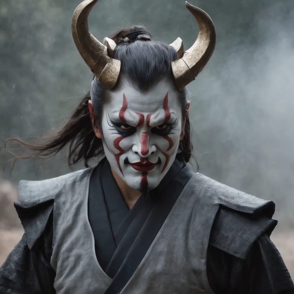 （Oni samurai），（Wearing a demon mask），Solo，Full body like，（Armed with a long sharp knife），Epic artwork，（（Kyoto panel painting style）），Wind effect：1.9，Cloud effects：1.2，Full rendering，Encaustic painting