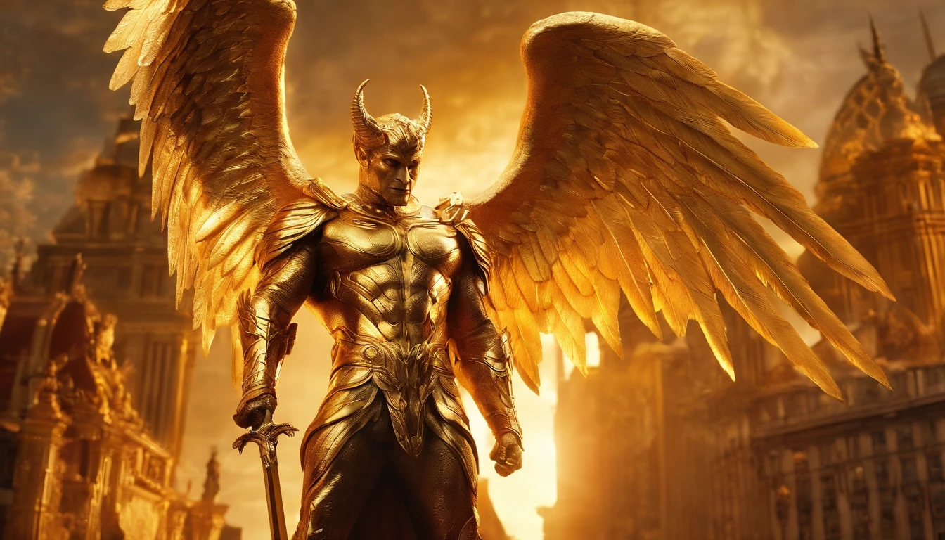 Ultra-realistic devil: A golden angel with wings spread with a fiery sword in his hand, standing in the middle of a city made of gold and silver buildings