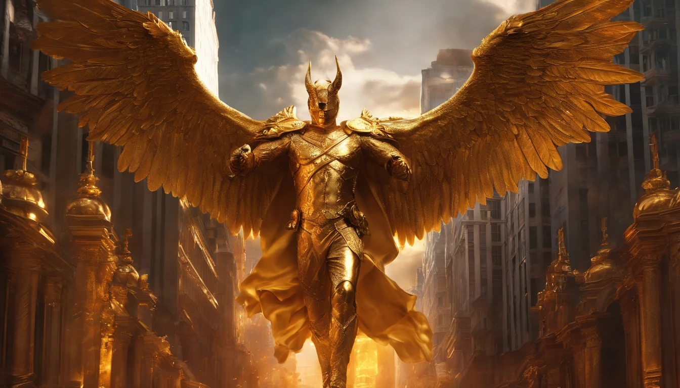 Ultra-realistic devil: A golden angel with wings spread with a fiery sword in his hand, standing in the middle of a city made of gold and silver buildings