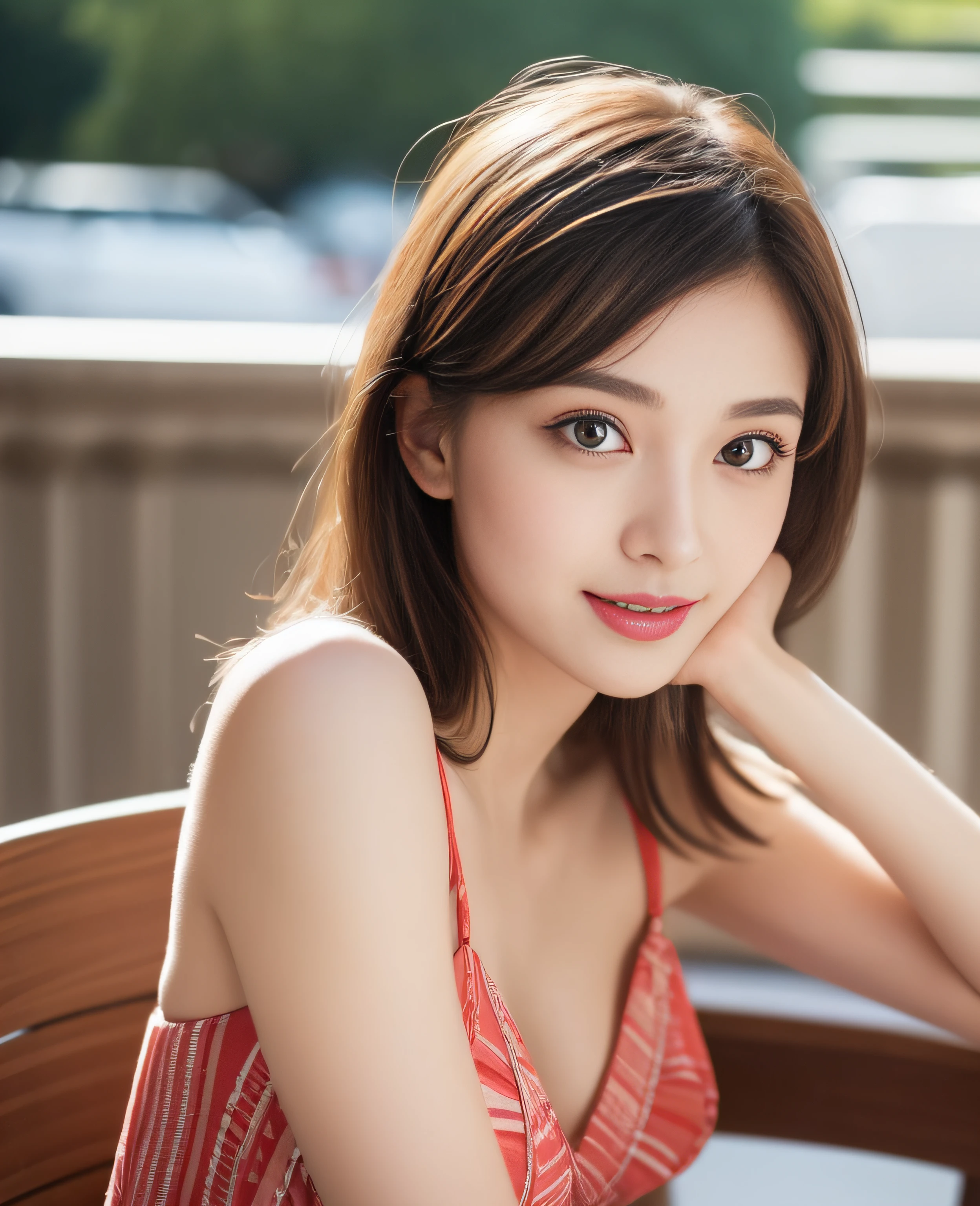 ((Top quality, 8K, masterpiece: 1.3)), Beautiful girl, pure, melon face, gentle and cute, sweet kissing gesture, sweet smile, pure desire, slender body, (front), (tilted head), ((Looking at the camera))), wearing a dress with a variety of patterns and colors, medium hair, normal chest, long flowing shoulders, big round black eyes, big clear eyes, moist red. Lips, sweet, sitting on a chair, afternoon cafe terrace background, (((shot from the waist up))),