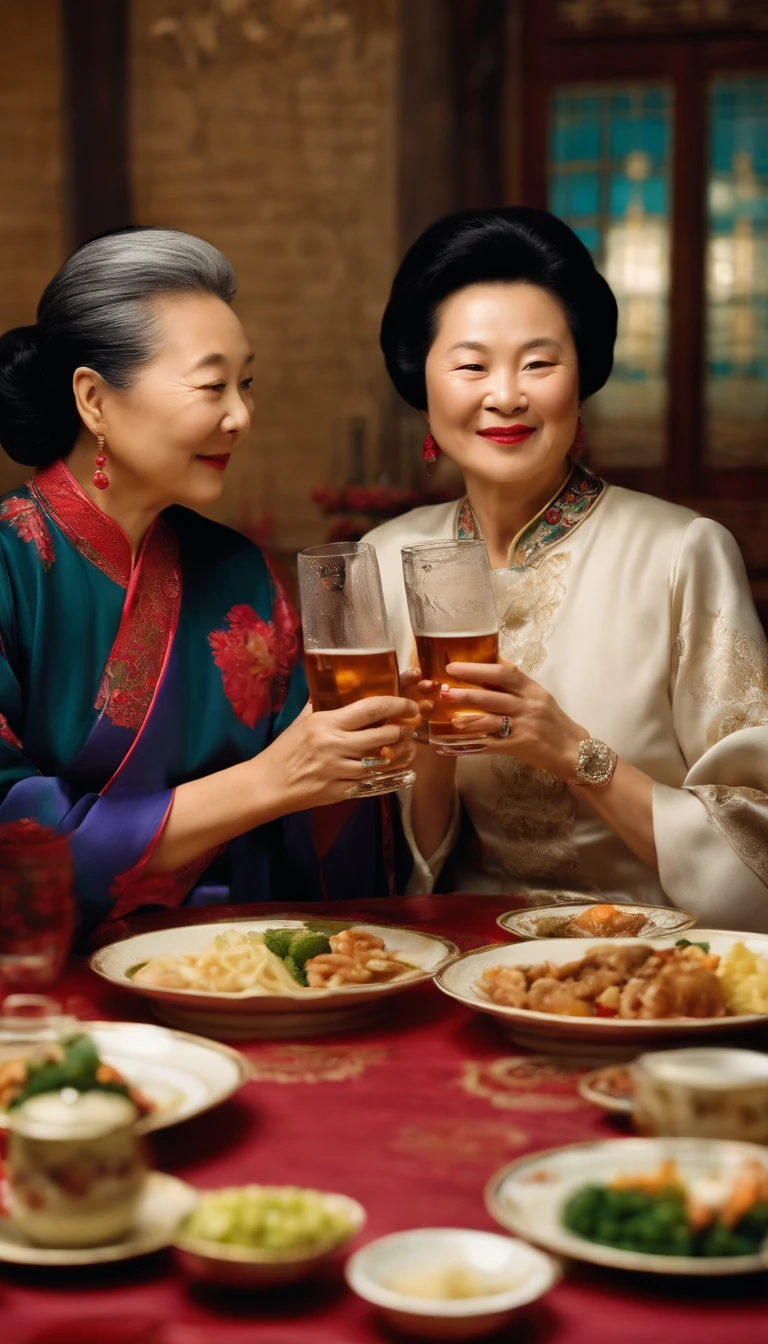 photorealestic,the background is clean,Two middle-aged Chinese women,At the dinner table,Clink glasses and drink beer