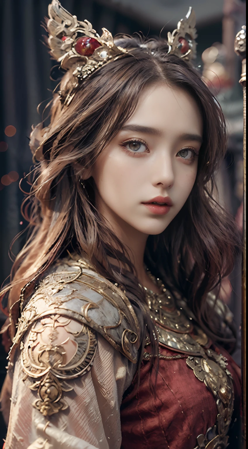 ((Masterpiece))), ((Best Quality))), ((Ultra Detailed)), (Surreal), (Highly Detailed CG Illustration), Cinematic Light, Realistic, Very Beautiful Young Lady,Sexy, Light Makeup,, Intricate Details EABA, Red Cloak, Spear