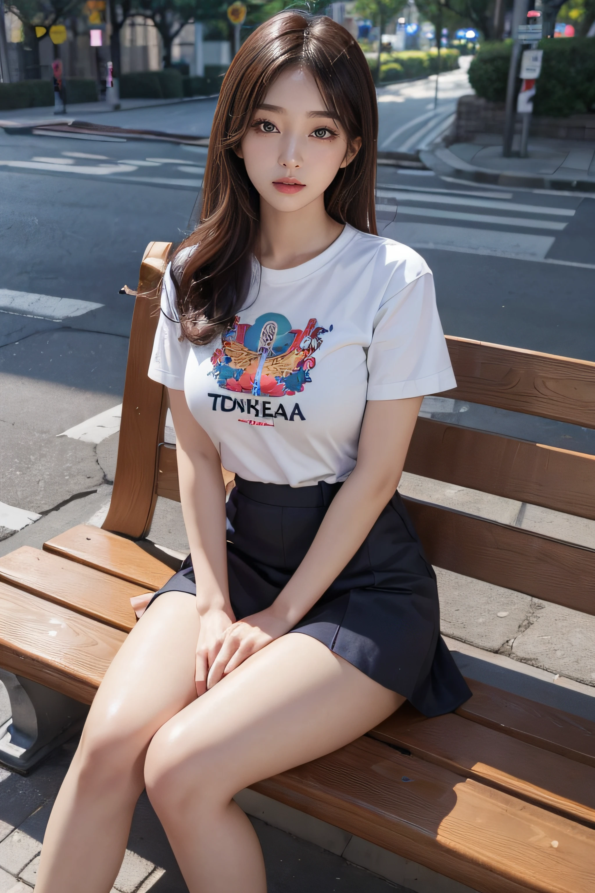 (Best Quality, 4k, high resolucion), Ultra-detailed, (Photorealistic:1.37), Vivid colors, Beautiful Korean Woman, Vivid faces, 20-year-old female college student, tee shirt, Short skirt, Full-body photograph, bright look, Sunny weather, The streets of Seoul, large full breasts, sit on a bench