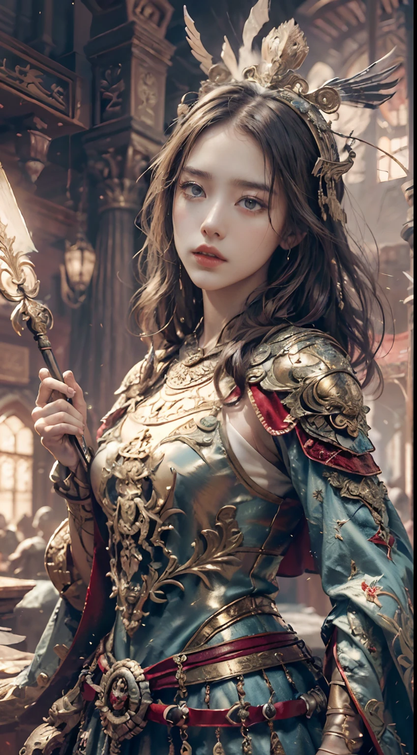 ((Masterpiece))), ((Best Quality))), ((Ultra Detailed)), (Surreal), (Highly Detailed CG Illustration), Cinematic Light, Realistic, Very Beautiful Young Lady,Sexy, Light Makeup,, Intricate Details EABA, Red Cloak, Spear