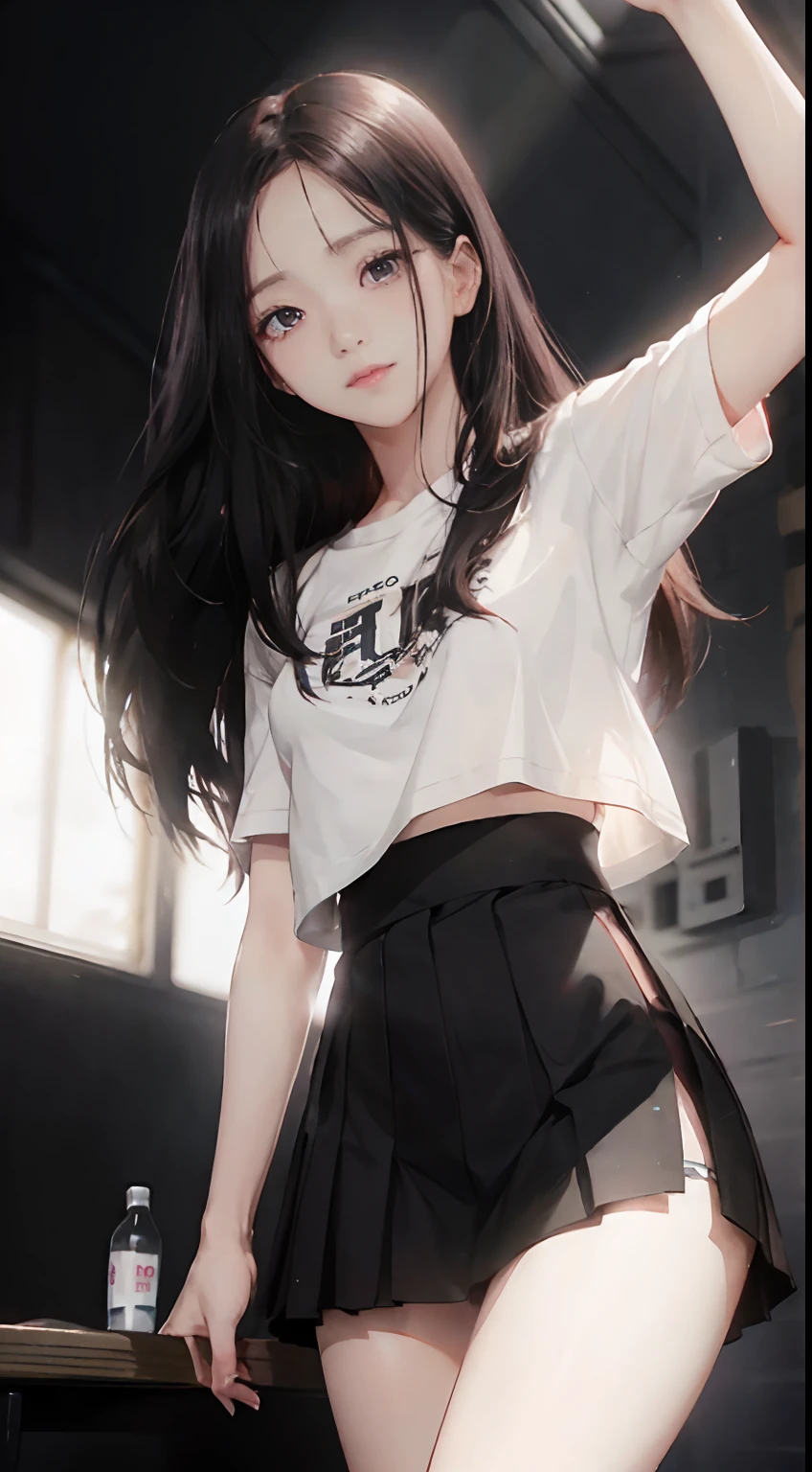 ((Jisoo from Blackpink)), t-shirt, tiny pleated skirt, waist-high black tights, high heels, close-up from thighs to face, shot from below, very light skin, very long hair, wavy hair, camp, forest, photorealistic , indirect lighting, volumetric light, ray tracing, hyper-detailed, best quality, high resolution, HDR, 8k