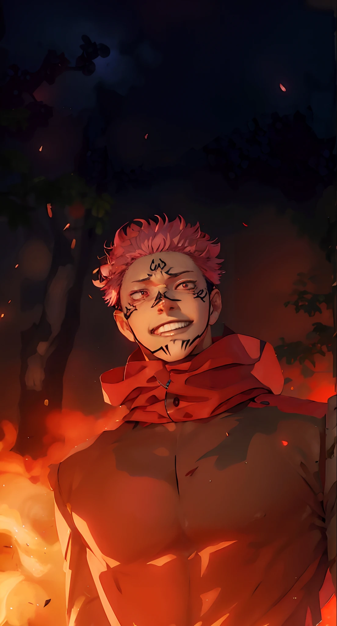 1man, Itadori Yuji Mode Sukuna in Anime Jujutsu Kaisen, Short hair , Pink hair, Red Light Eyes, Handsome, Purple clothes, realistic clothes, detail clothes, City Background, Ultra Detail,