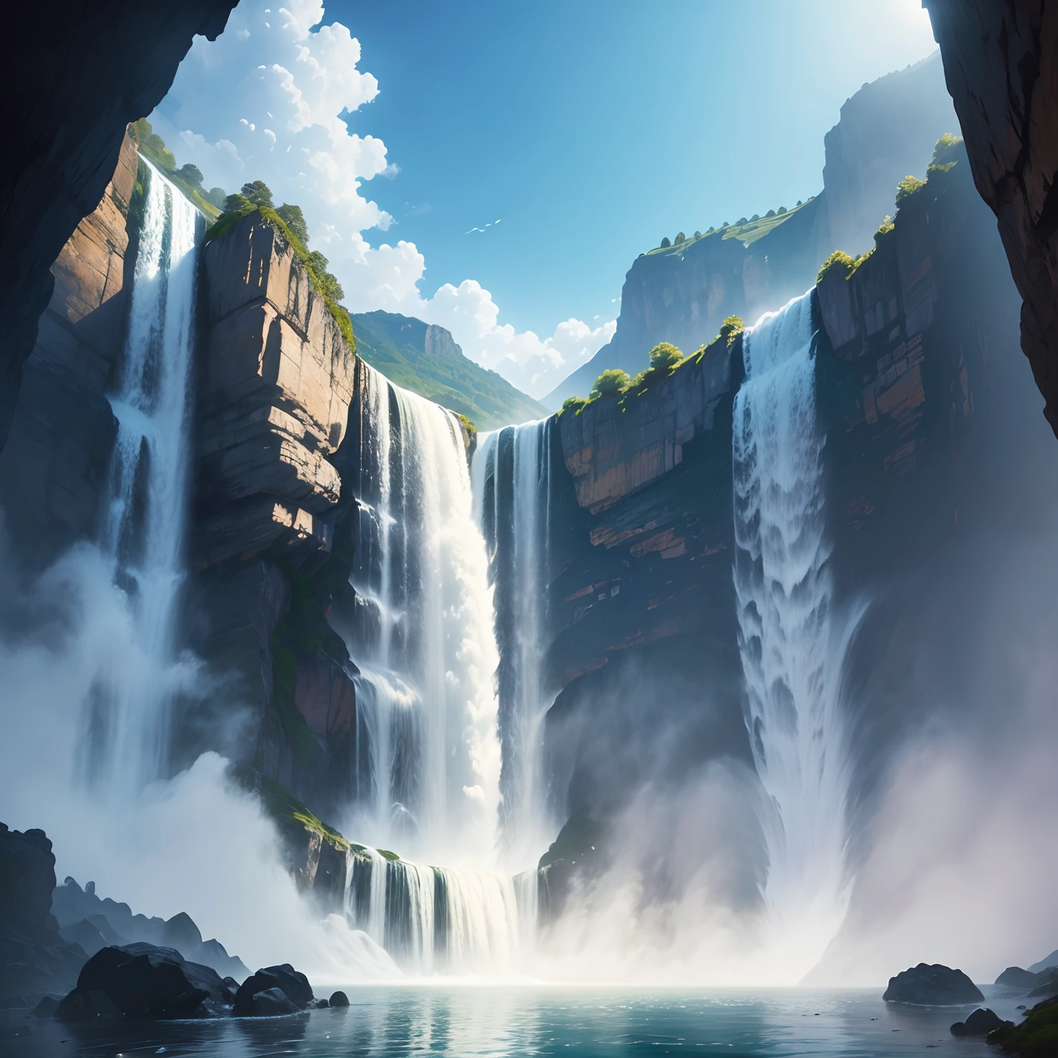 finest image, detailed and delicate depiction, spectacular view of the majestic and majestic waterfall from directly below, huge amount of water flow, professional lighting