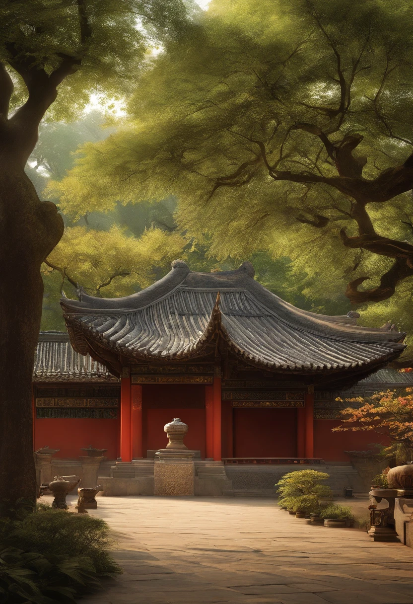 In a quaint Han Dynasty style temple,There are many buildings,The yard is covered with moss,There are many old trees outside the temple,