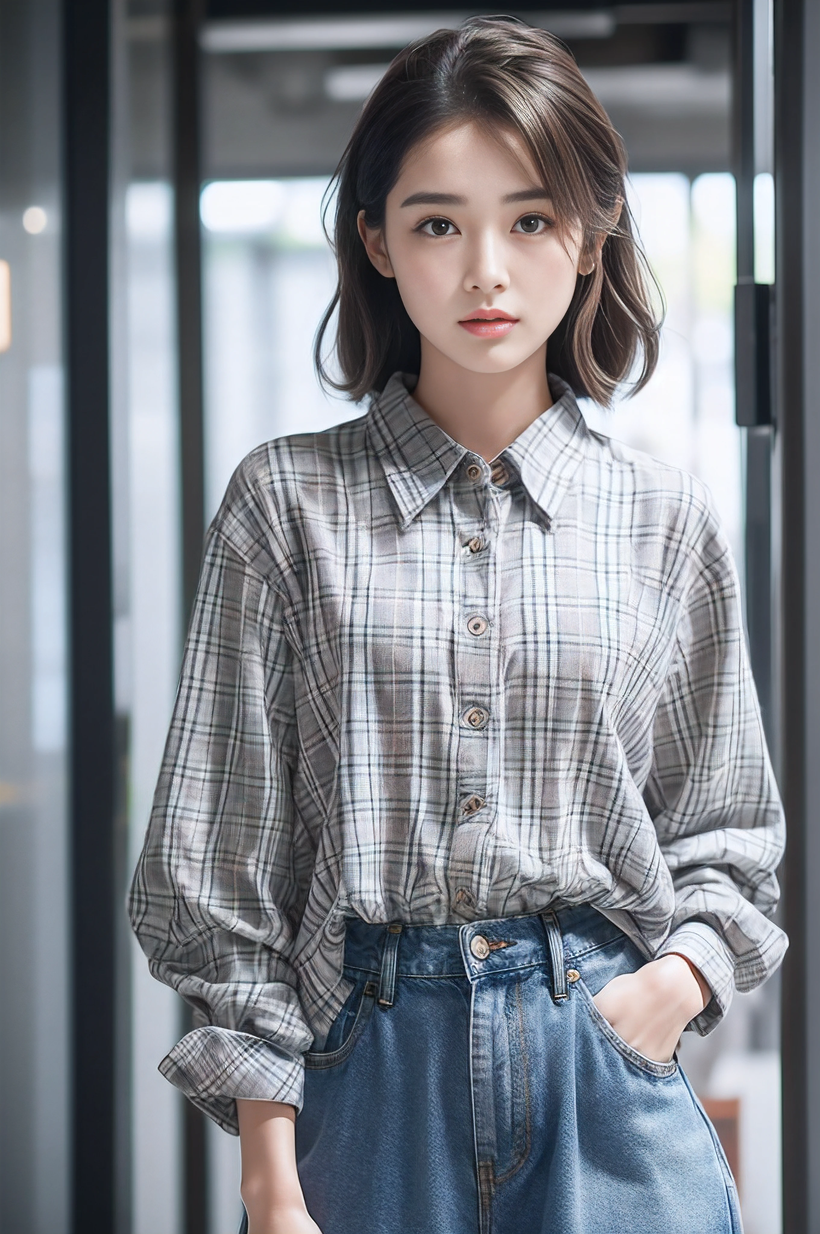denim pant、Gingham plaid shirt、pumps、A detailed face、Detailed lips、A detailed eye、luslous skin、One Person
