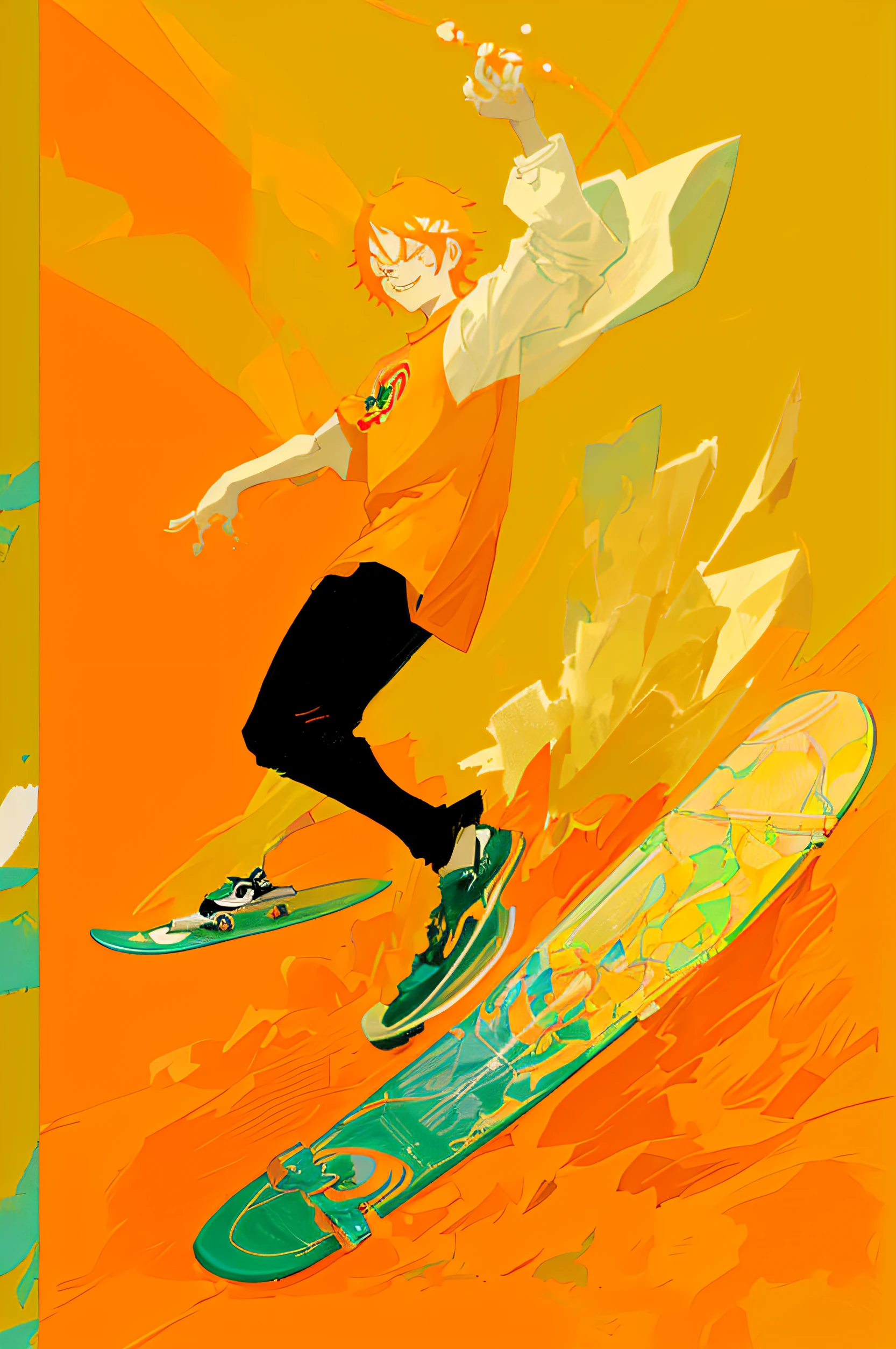 A cartoon man in an orange college shirt doing tips on a skateboard., Ccliffeing, Inspired by Tomer Hanuka, by Tomer Hanuka, Art Promotion, official art, In the style of Sachinten., In Akira's style, official artwork, Satoshi can be artistic., Akira Art Style, Akira Art Style, Bob Larkin and Tomer Hanuka, by Hamish MacDonald ,Proportional hands ,Look up at the sky. ,smirk