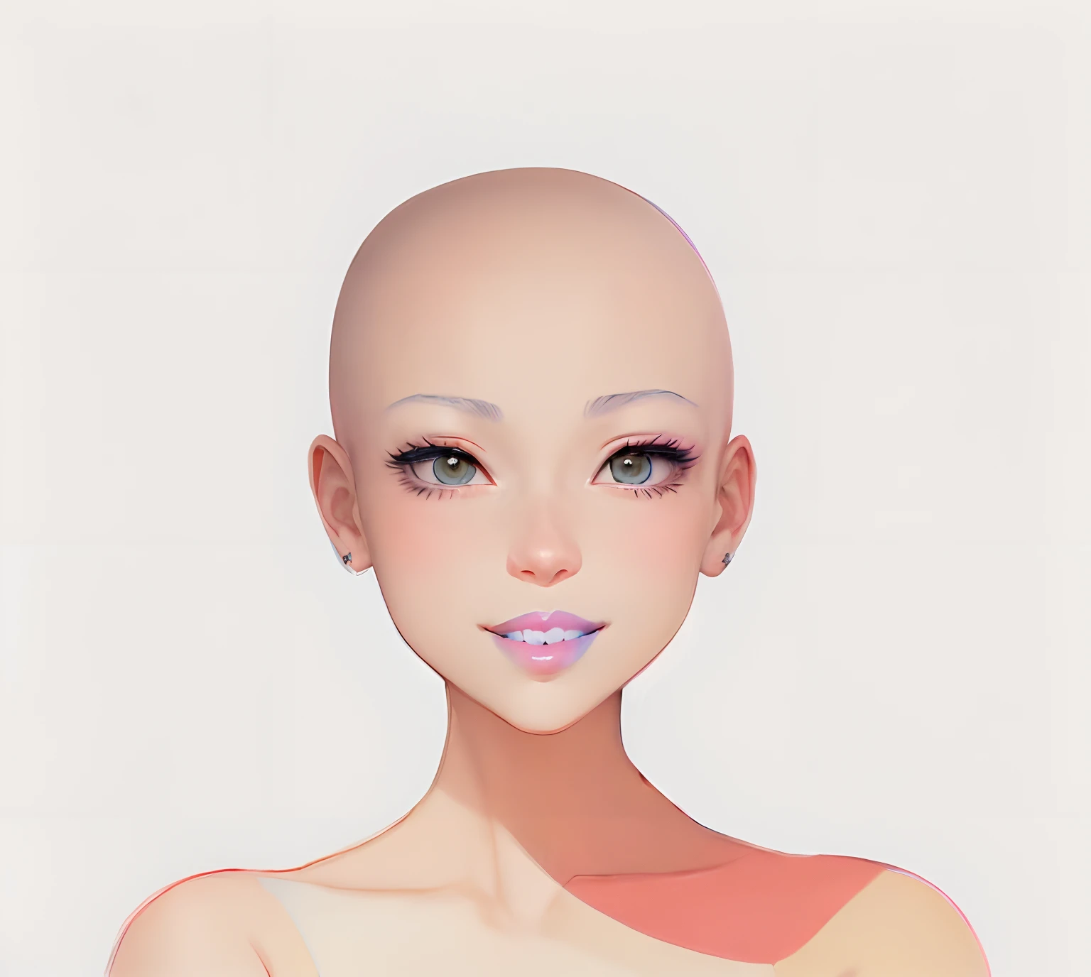 (((blue lips))), anime teeth, cute lips, bald head, sweet smile, cute girl