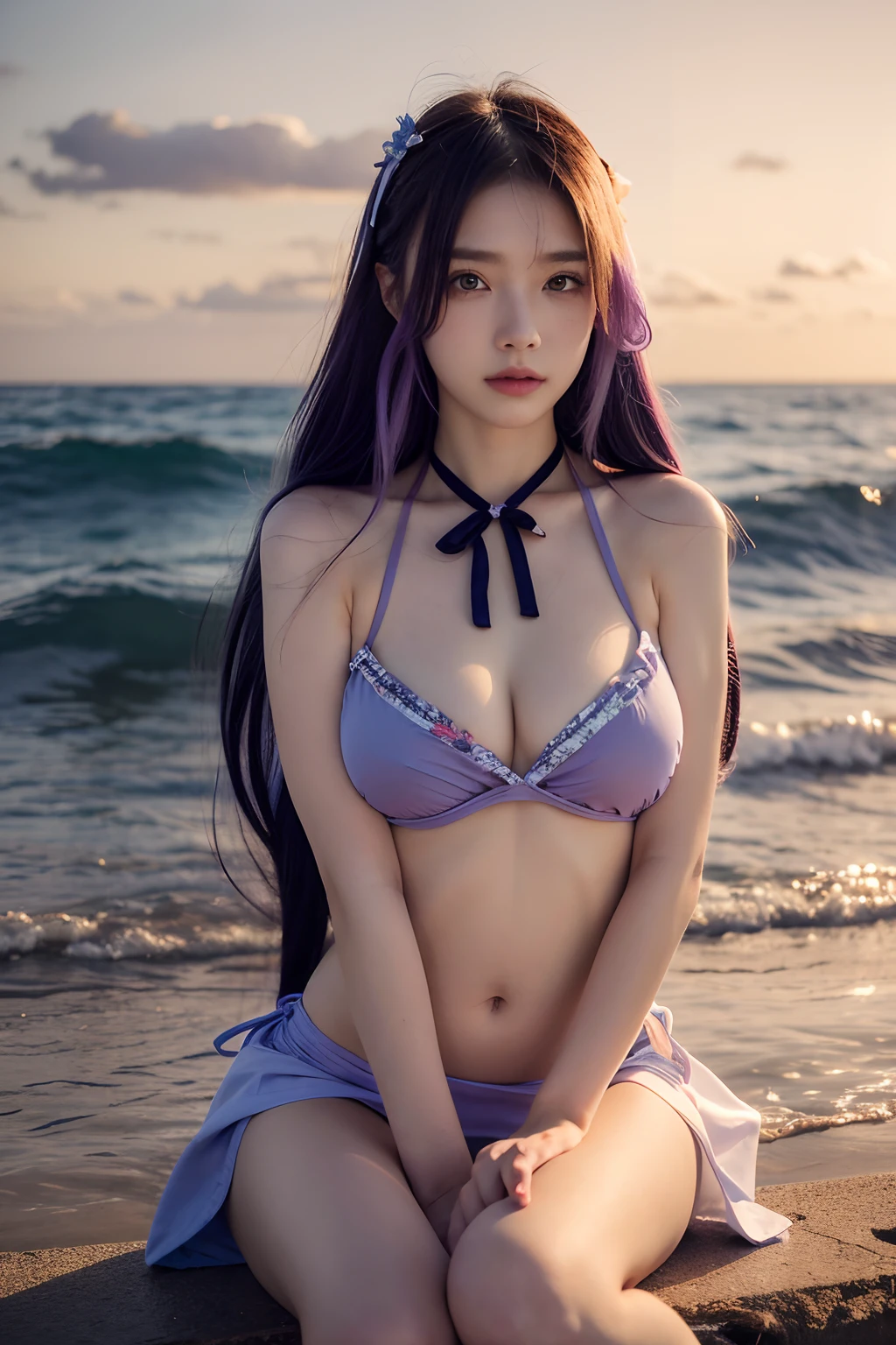 Masterpiece, Best quality, day, Sunset, In the ocean, In the cyberpunk city, Realistic, Huge_filesize, the wallpaper, Girl, Long hair, Light purple hair, Wavy hair, Beautiful detailed eyes, Seductive smile, Medium breasts, shift dresses, Sweater dress, Bare_bshoulders, streaked, frilld, Detached_Sleeves, Miniskirt, Sling bikini, White pantyhose, Hair ribbon, flower ribbon, Hair_flower, neck bowtie, pendant, shackle, crouched, Sitting,
