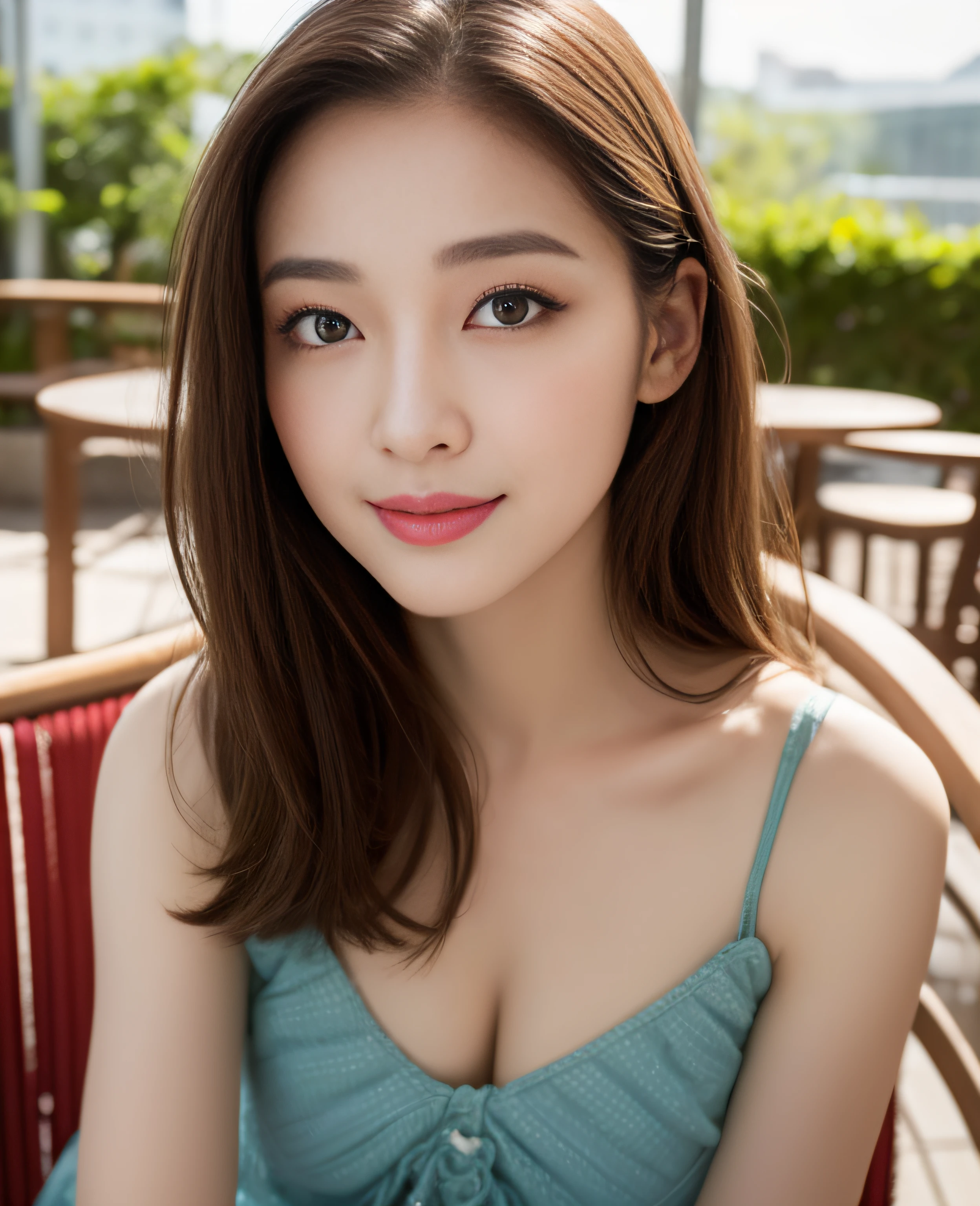 ((Top Quality, 8K, Masterpiece: 1.3)), Beautiful girl, pure, melon face, gentle and cute, kissing gesture, sweet smile, pure desire, slender body, (front), (tilted head), ((Looking at the camera)), wearing a dress with a variety of patterns and colors, medium hair, normal chest, long flowing shoulders, big round black eyes, big clear eyes, moist red. Lips, sweet, sitting on a chair, afternoon cafe terrace background, (((face close-up))),