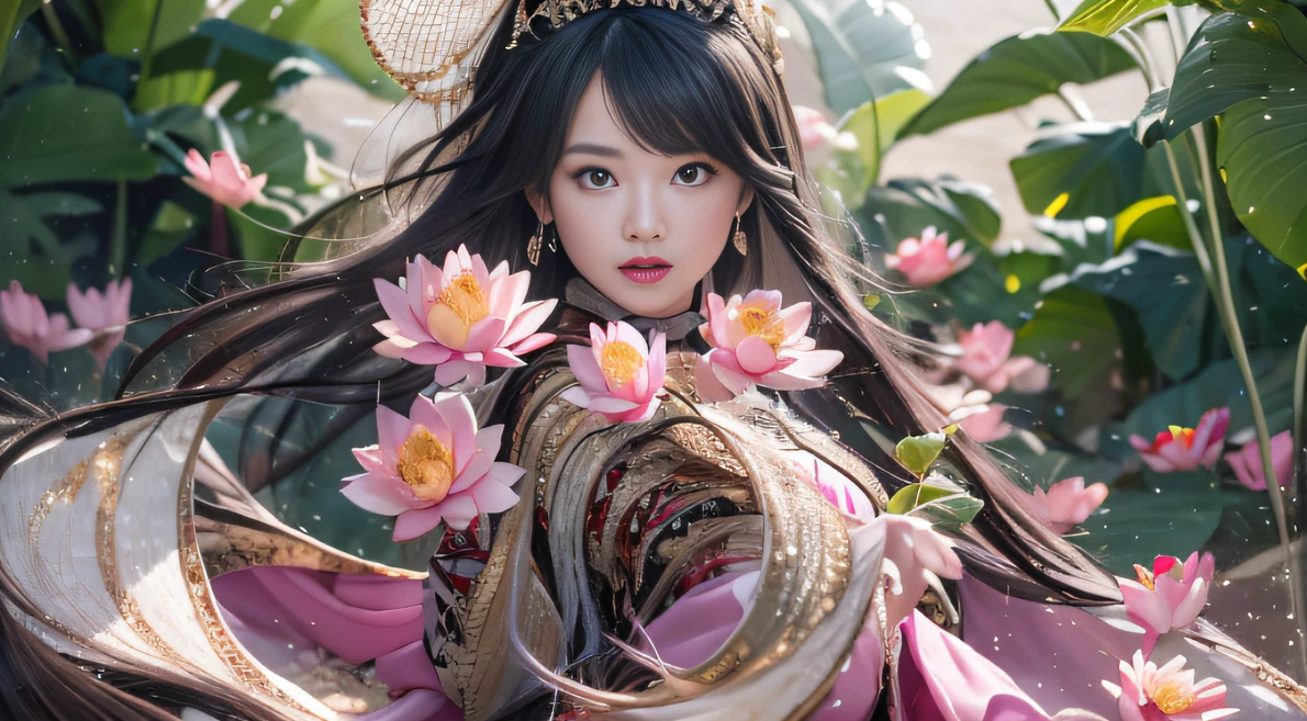 32K(tmasterpiece,k hd,hyper HD,32K)Long flowing black hair,ponds,zydink, a color, Hold the knife in both hands (Slightly drunk girls), (Rouge scarf), Combat posture, looking at the ground, long whitr hair, Floating hair, Carp pattern headdress, Chinese long-sleeved taupe pink outfit, (Abstract gouache splash:1.2), Pink petal background,Pink and white lotus flowers fly(realisticlying:1.4),Black color hair,Fallen leaves flutter,The background is pure,Hold the knife in both hands , A high resolution, the detail, RAW photogr, Sharp Re, Nikon D850 Film Stock Photo by Jefferies Lee 4 Kodak Portra 400 Camera F1.6 shots, Rich colors, ultra-realistic vivid textures, Dramatic lighting, Unreal Engine Art Station Trend, cinestir 800,Long flowing black hair,Silk clothes