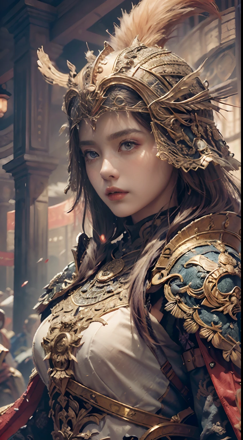 ((Masterpiece))), ((Best Quality))), ((Ultra Detailed)), (Surreal), (Highly Detailed CG Illustration), Cinematic Light, Realistic, Very Beautiful Young Lady,Sexy, Light Makeup,, Intricate Details EABA, Red Cloak, Spear
