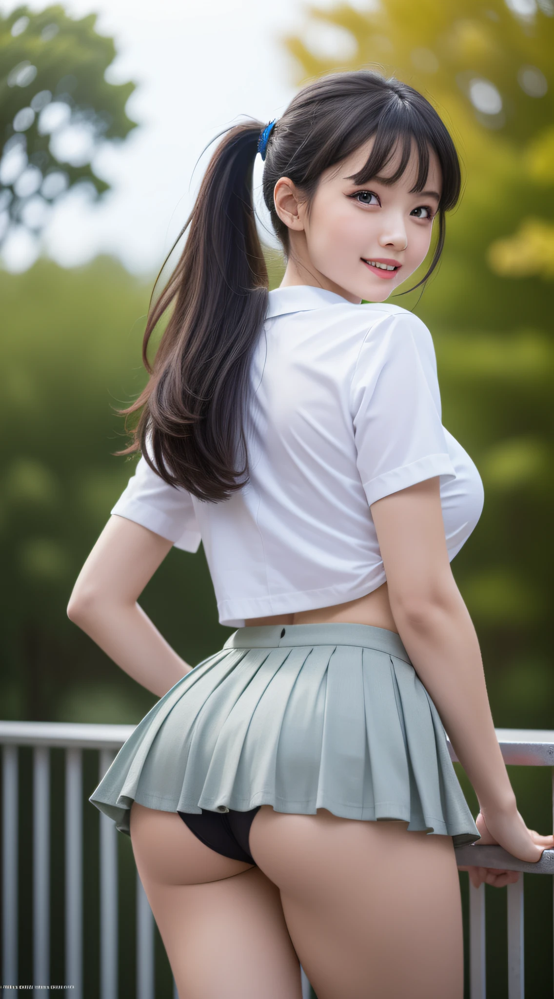 ung girl, laugh shyly, (backwards:1.5), (highly detailed eyes, highly detailed hair, highly detailed face), extremely detailed CG unified 8k wallpaper, Highly detailed, High-definition raw color photos, Professional Photography, Realistic portrait, Cinematic Light, ponytail, Bangs, (Beautiful breasts), (High school uniform with wide open breasts:1.2), (Pleated mini skirt:1.2), (sheer panties:1.1), outdoors, lush park, ((Beautiful ass)), (view from below1.2)