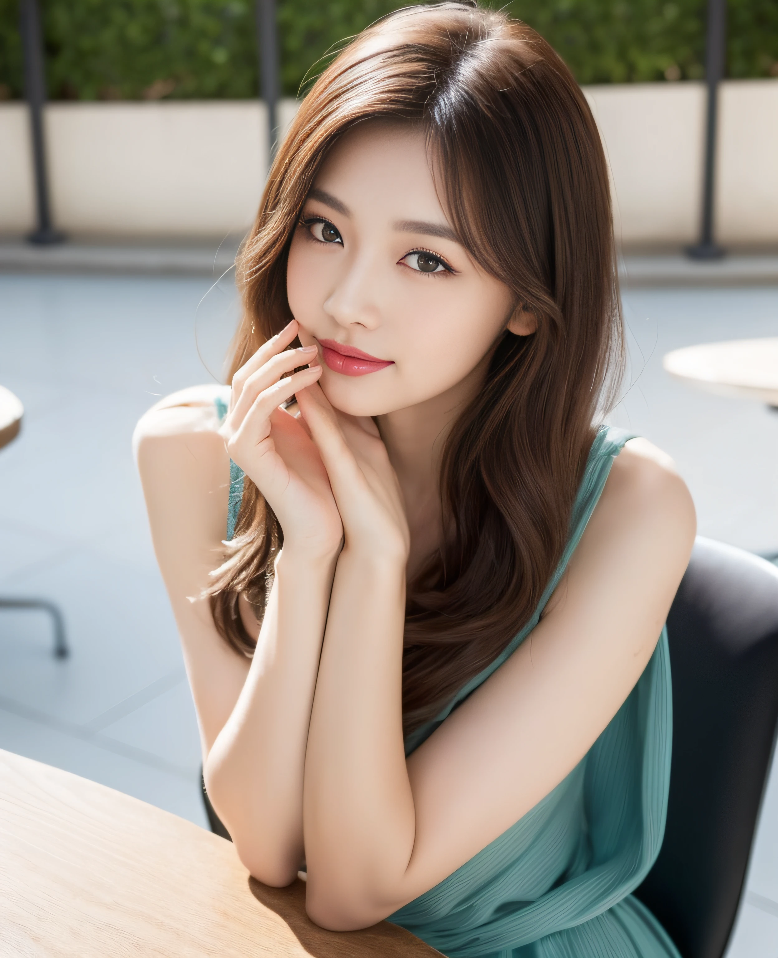 ((Top quality, 8K, masterpiece: 1.3)), Beautiful girl, pure, melon face, gentle and cute, sweet kissing gesture, sweet smile, pure desire, slender body, (front), (tilted head), ((Looking at the camera)), wearing a variety of colored dresses, medium hair, normal chest, long flowing shoulders, big round black eyes, big clear eyes, moist red lips, Sweet, sitting on a chair, afternoon cafe terrace background, (((shot from the waist up))),