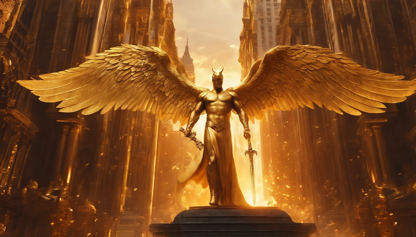 Ultra-realistic devil: A golden angel with wings spread with a fiery sword in his hand, standing in the middle of a city made of gold and silver buildings