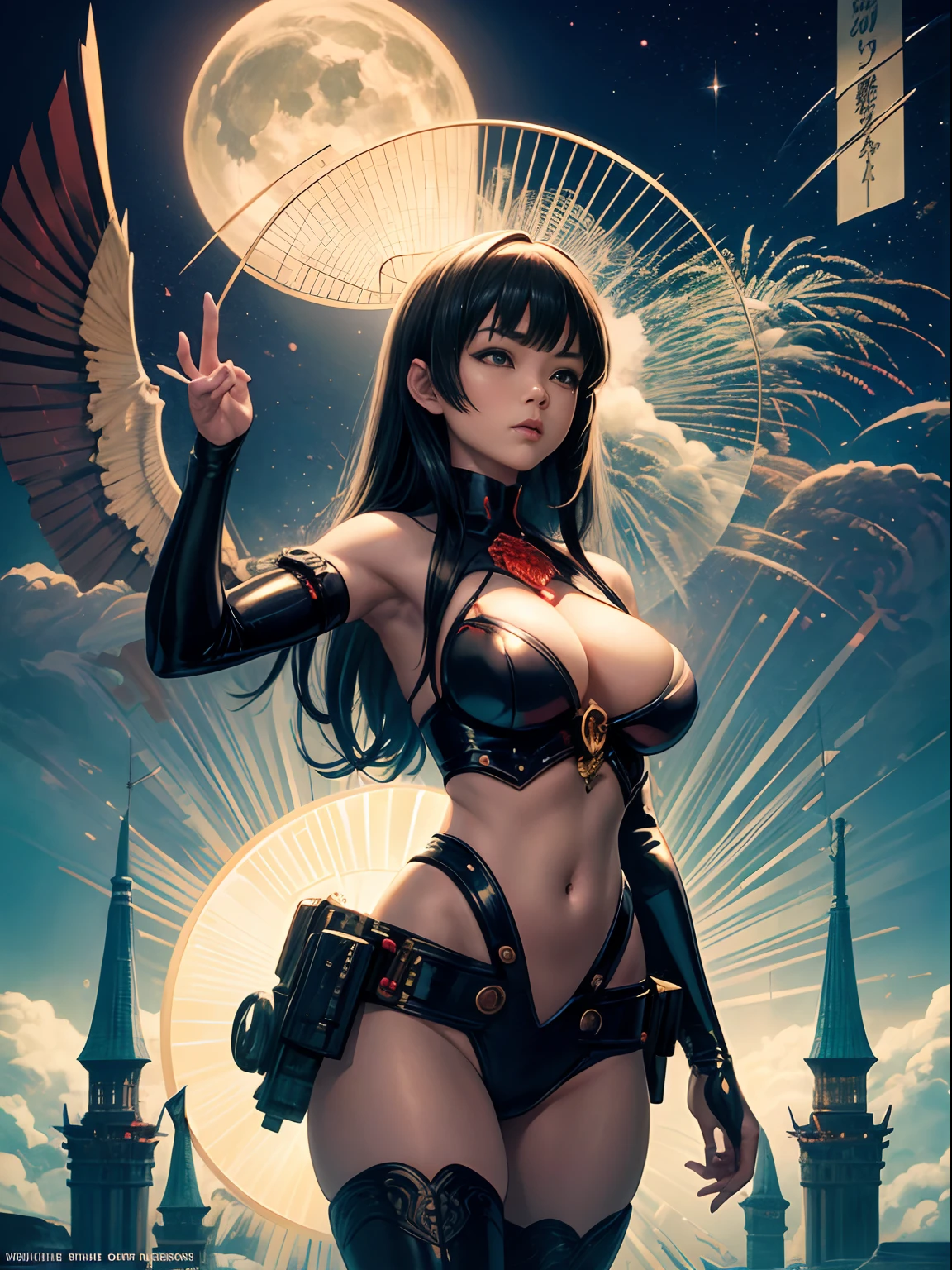 Charles Doyle, Taeko takei, Henry Alvim Correa, William Stout, Japanese anime, mysterious strange bizarre surreal fantasy sci-fi, solo beautiful perfect body girl, fantastic contraption, New Year's Eve bell, dawn, parabolic antenna, detailed, high resolution high definition high quality masterpiece