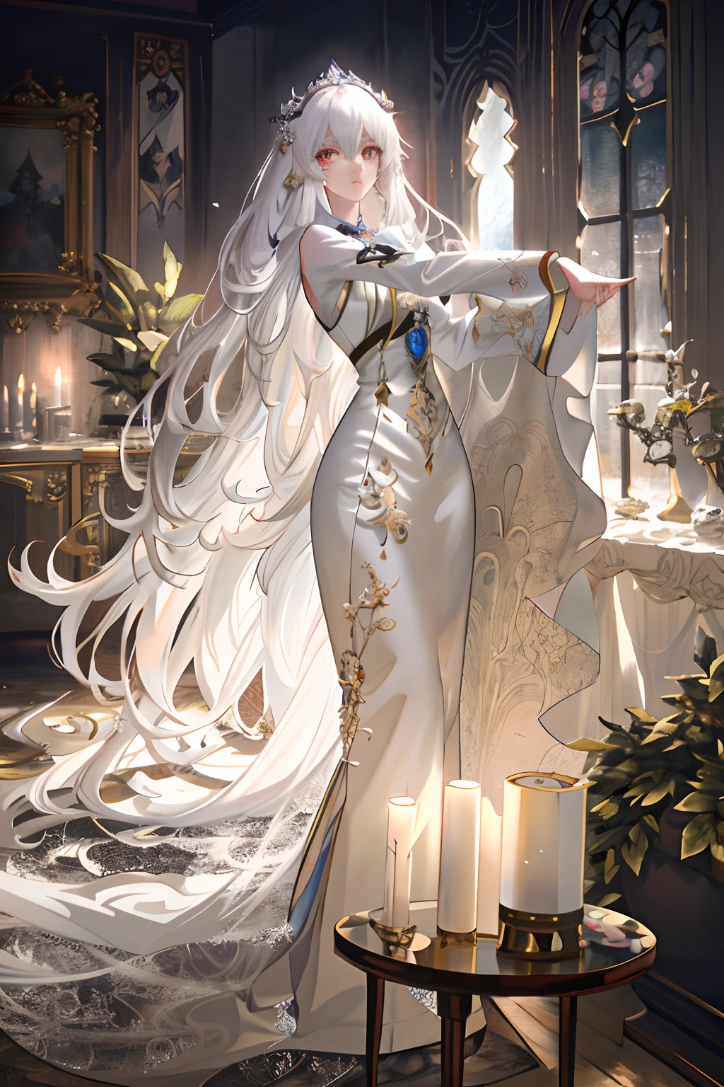 anime - style image of a woman in a white dress with long white hair, guweiz on pixiv artstation, white haired deity, ((a beautiful fantasy empress)), trending on artstation pixiv, guweiz on artstation pixiv, flowing white robes, ornate flowing robe, beautiful character painting, by Yang J, alphonse mucha and rossdraws
