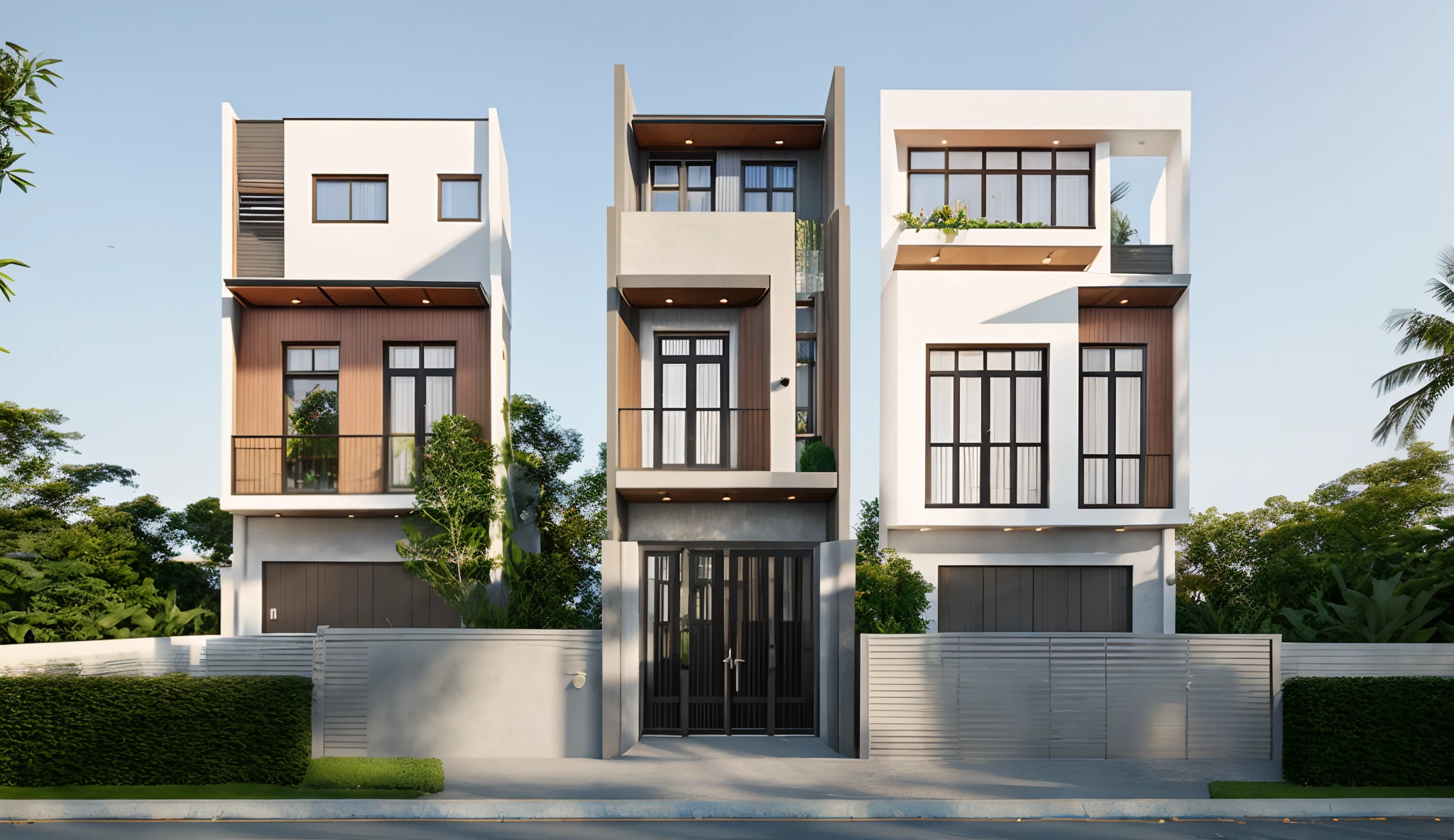 Townhouse in city, daylight,warm light, (sharp focus) front view of townhouse in style of modern, VietNam ,mutual colours, soft lighting, warm atmosphere,high Resolution, hyper detailed,4k ,vray render, hyper realistic,exterior design , professional photography, exterior photography,wide-angle shot , ultra detail , high Resolution .  all of doors and windows are made by Xingfa . have many trees , ivys, palms on the bancony. black iron frame . human and girl on the pavement. wooden ceiling. ceiling light.black iron gate.