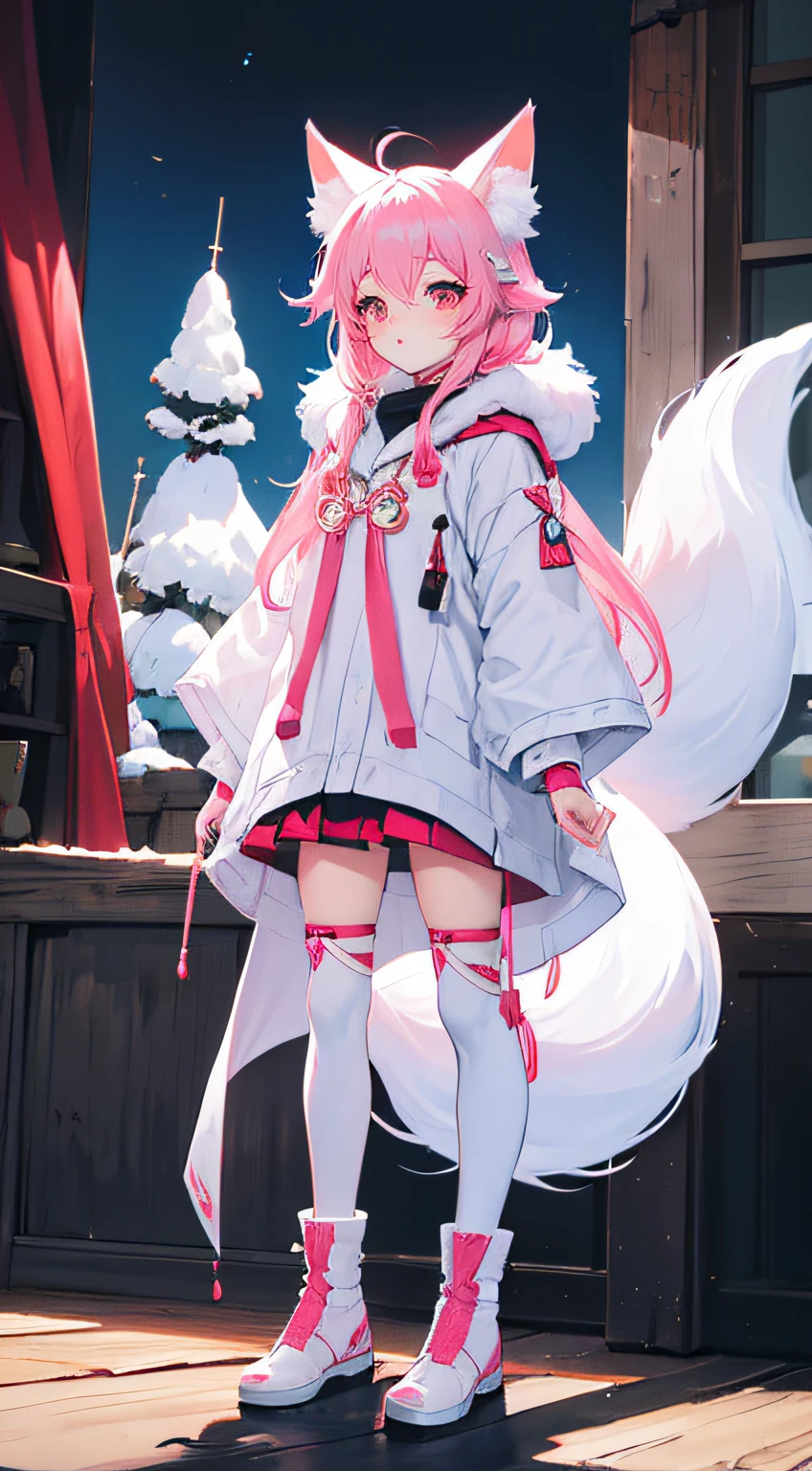 (Best quality,4K,A high resolution), Detailed eyes and lips, Pink furry fox ears, Long blue fox tail, Pink hair, Ali, a character in League of Legends, Behind the white vixen, onmyoji, Long boots, Standing posture, folding fan