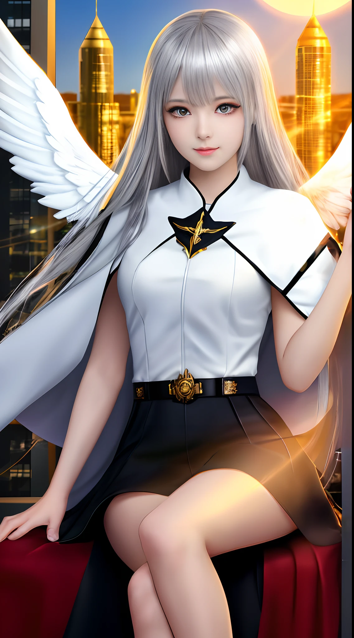 Full Body, Silver-haired young girl, golden eyes, angelic body and face, and black high school uniform dress with a mini skirt, holding a kshield, wear a cloak, and golden hairpin, sitting on the throne of golden light, red crimson wings, sunrise, and high rise building background scene, the magic circle with a diamond star, innocent smile, stable diffusion v5, anime style v3, lora style v5, dynamic, image enhance, dream shape, vibrant, realistic face, 32k resolution, upscale, sharp focus, best quality, masterpiece, ghostmix, flat color, flat light.