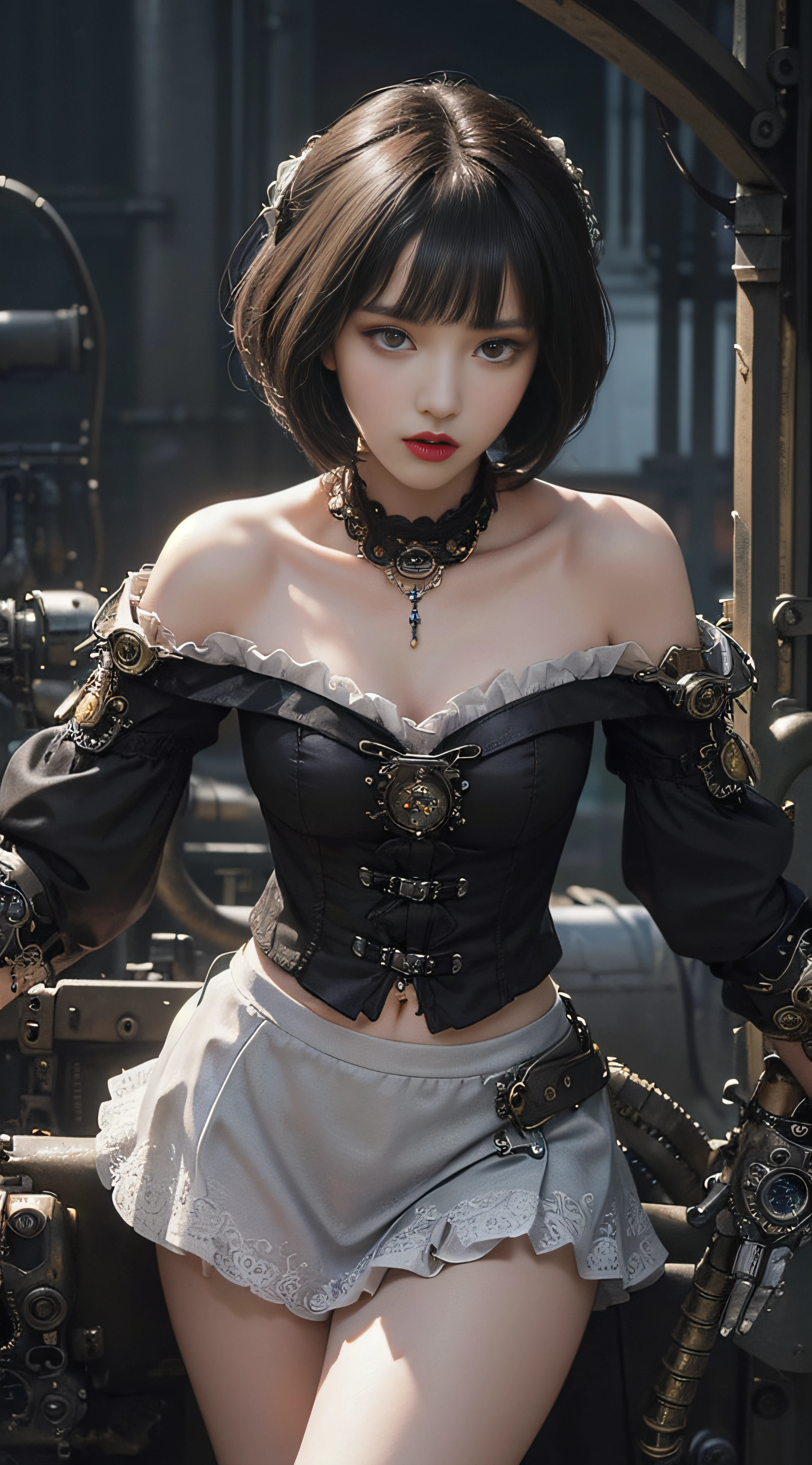 (((Masterpiece))), (((top quality))), (((super detailed))), Combat action poses, One female, (((Very very Slender body))), 18 years old, (((short black bob, thick puffy bangs ))), cosmetics-free, small thin nose, small thin-lipped mouth, (((very sharp focused eyes))), large slit precision pale grey eyes, sparkling like jewels, Long eyelashes, (((Very intricate mechanical steampunk fashion, Excessively decorative fashion, Off-shoulder sexy gothic fashion, Lace and ruffle mini skirt, Lots of jewels and lace and frills adorned the fashions))), The night an abandoned, intricately mechanized steampunk factory burns and explodes, (((overall accuracy has improved dramatically, creating a super detailed and realistic image))).