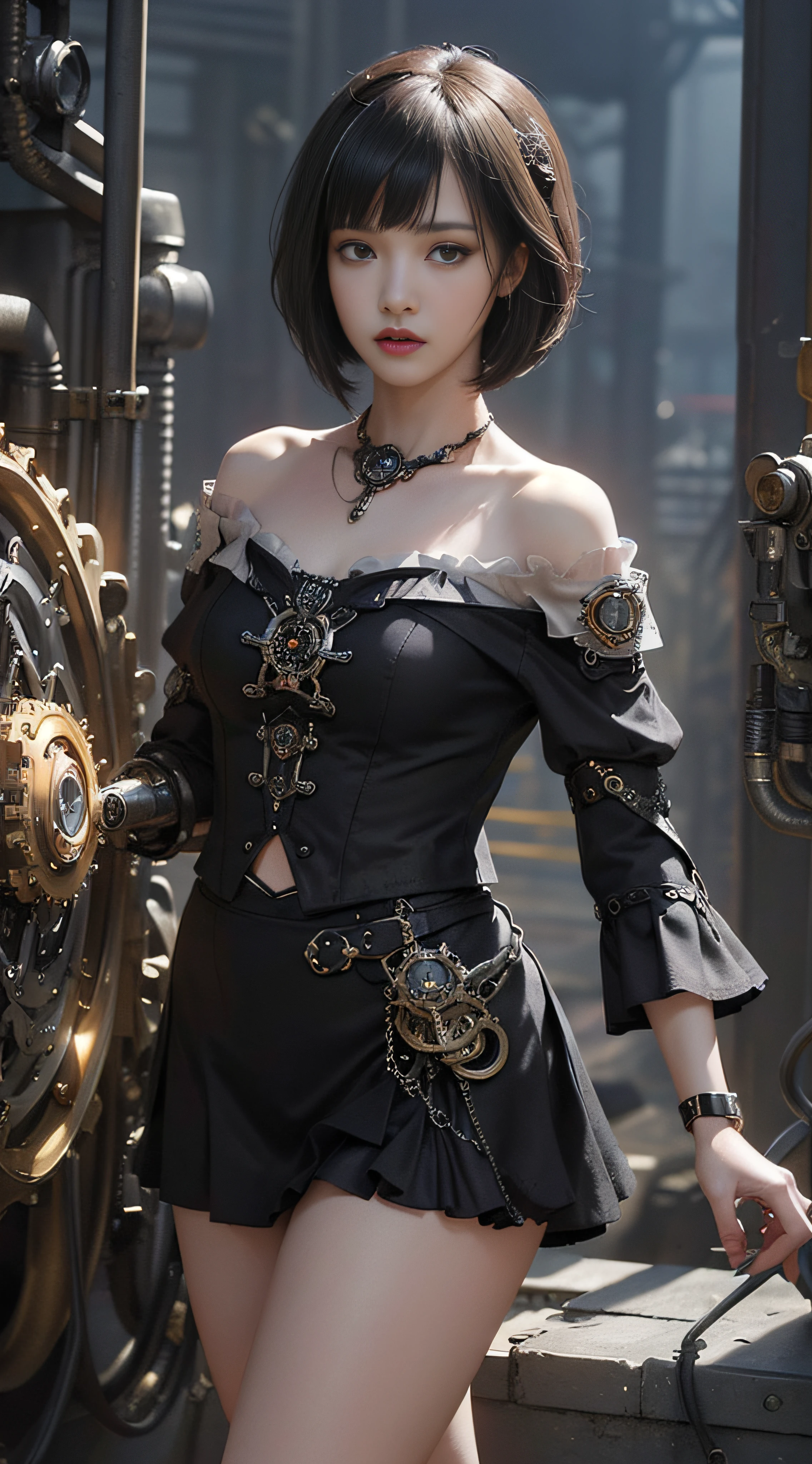 (((Masterpiece))), (((top quality))), (((super detailed))), Combat action poses, One female, (((Very very Slender body))), 18 years old, (((short black bob, thick puffy bangs ))), cosmetics-free, small thin nose, small thin-lipped mouth, (((very sharp focused eyes))), large slit precision pale grey eyes, sparkling like jewels, Long eyelashes, (((Very intricate mechanical steampunk fashion, Excessively decorative fashion, Off-shoulder sexy gothic fashion, Lace and ruffle mini skirt, Lots of jewels and lace and frills adorned the fashions))), The night an abandoned, intricately mechanized steampunk factory burns and explodes, (((overall accuracy has improved dramatically, creating a super detailed and realistic image))).