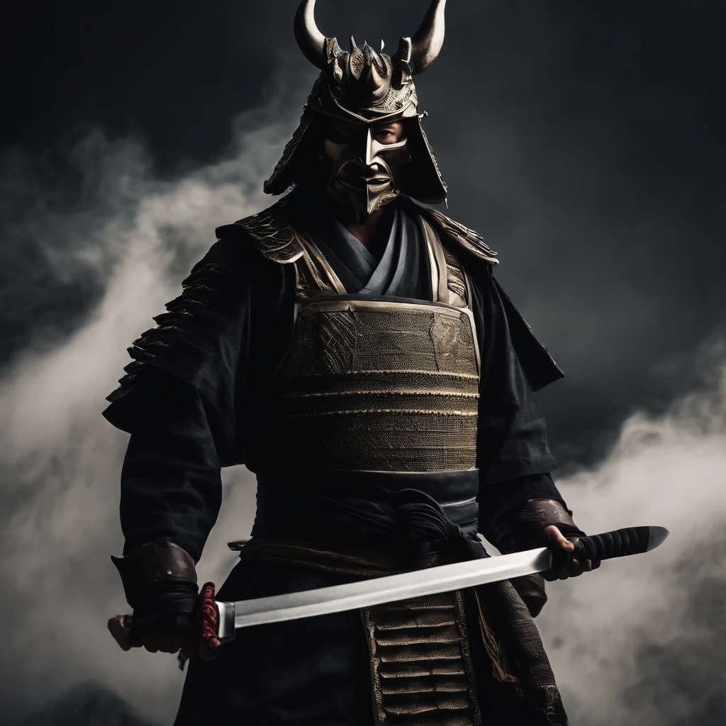 （Oni samurai），（Wearing a demon mask），Solo，Full body like，（Armed with a long sharp knife），Epic artwork，（（Kyoto panel painting style）），Wind effect：1.9，Cloud effects：1.2，Full rendering，Encaustic painting