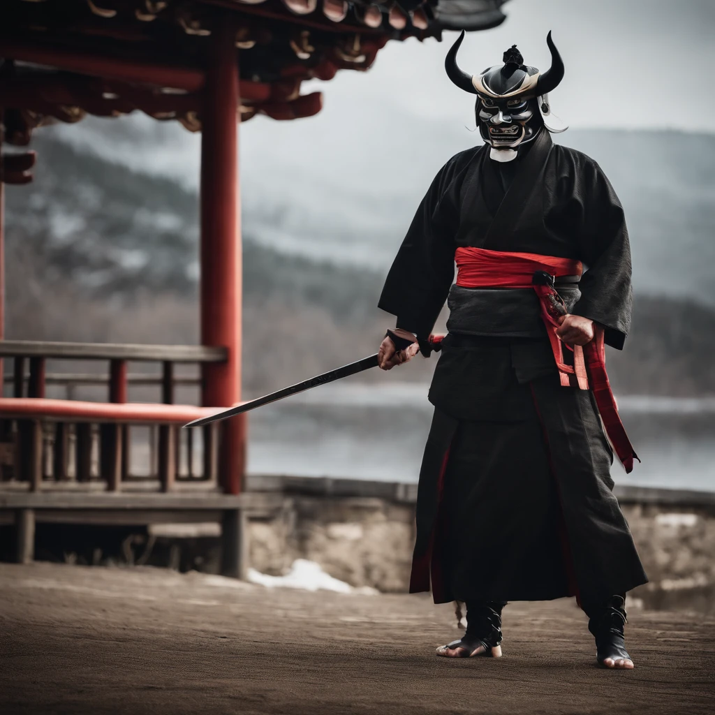 (Oni samurai),(Wearing a demon mask),Solo,Full body like,(Armed with a long sharp knife),Epic artwork,((Kyoto panel painting style)),Wind effect:1.9,Cloud effects:1.2,Full rendering,Encaustic painting