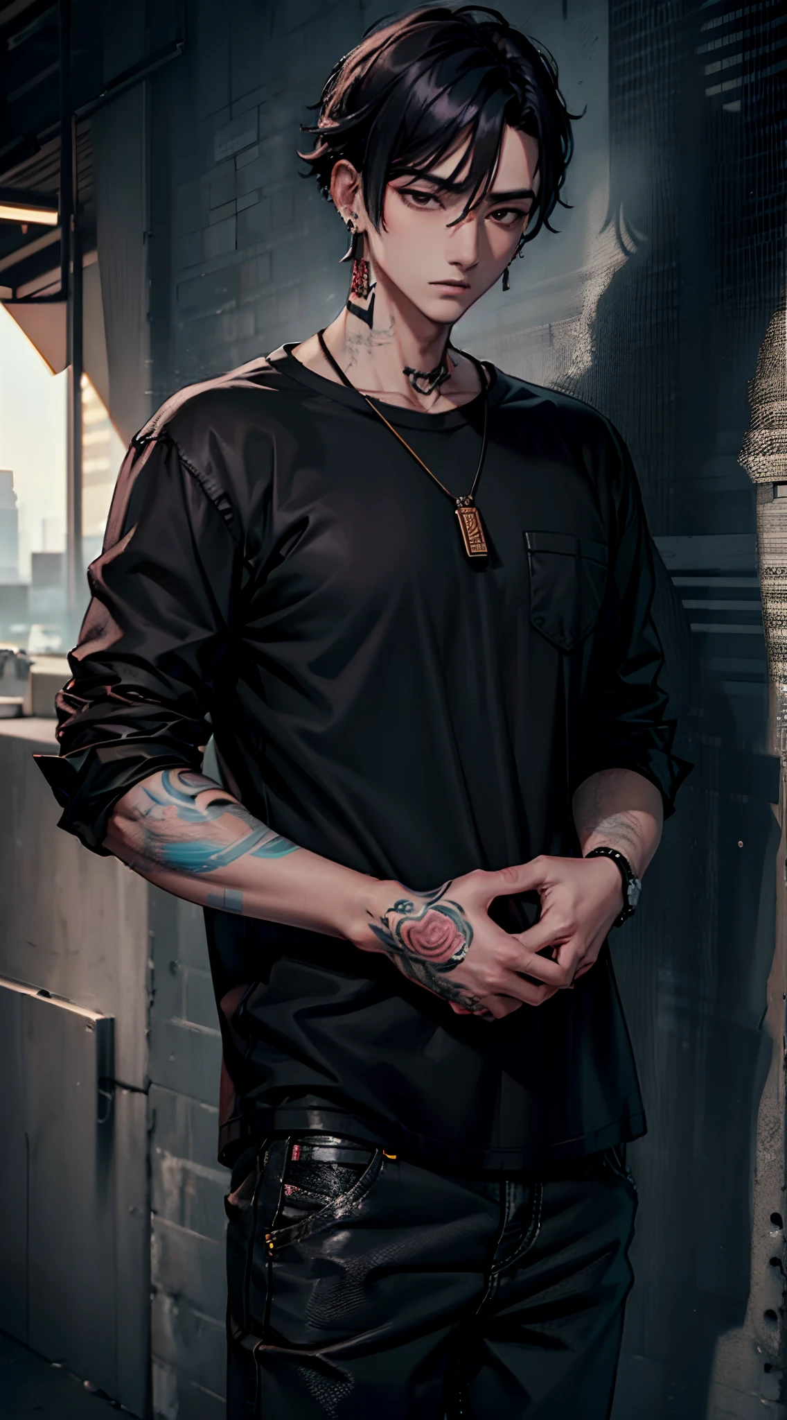 (masterpiece),(high resolution),(high quality), young korean man, broad shoulders,tattoo on neck,wearing earrings,black shirt, Cold face, one hand in his pocket