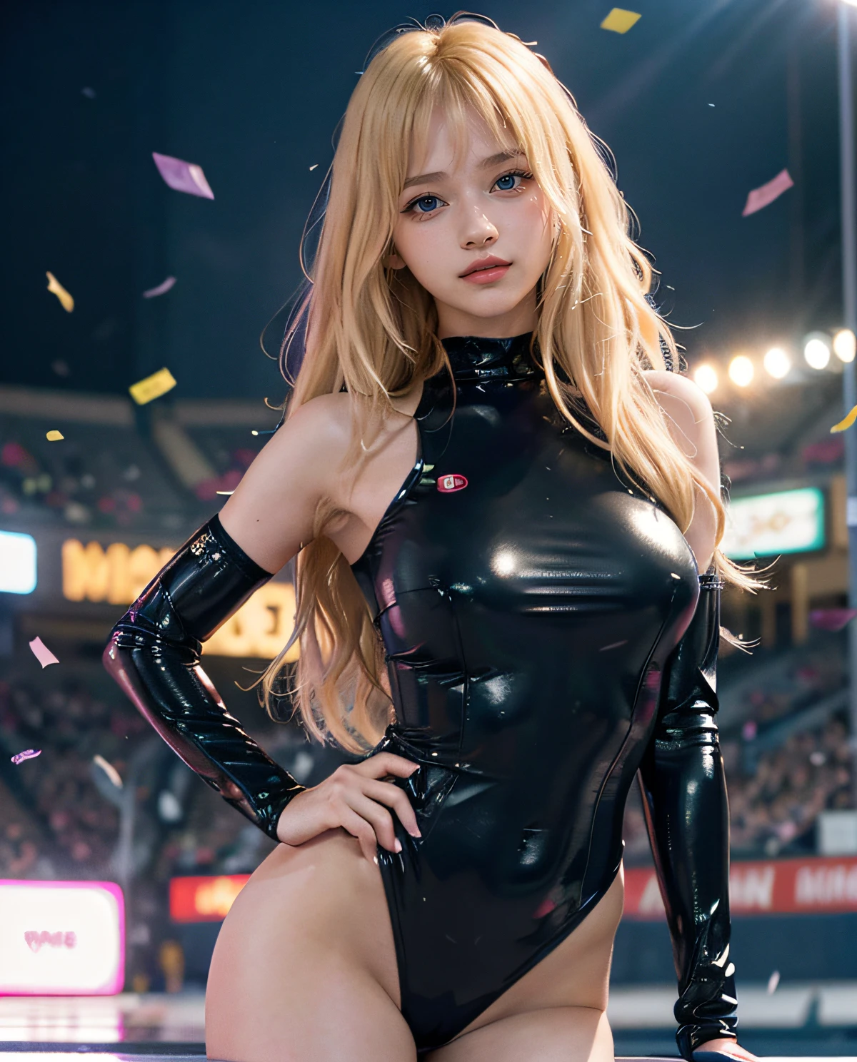 1girl, (Blue Eyes), smiling, (Sana Minatozaki), wide hips, Big Boobs, big ass, (Best Quality, 8k, Masterpiece: 1.3), perfect hands, Clear Focus: 1.2, Perfect Body Beauty: 1.4 , Slender Abs: 1.2, Highly detailed face and skin texture, detailed eyes, double eyelids, (blonde long hair with bangs), (full bodysuit with advertisements), (promotion girl), standing, dynamic pose, (on an incredible race track :1.2), illuminated by many bright lights, a lot of confetti falling, grandstand full of people in the background, deep on field