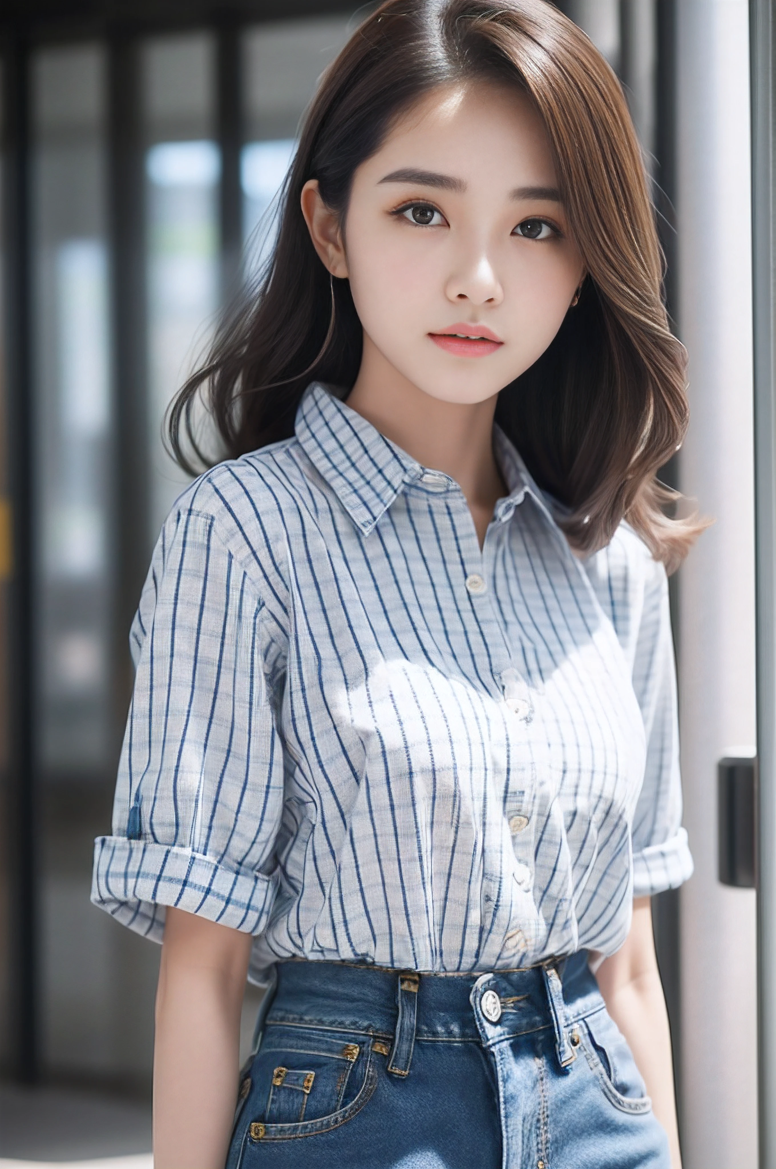 Denim skirt、Gingham plaid shirt、pumps、A detailed face、Detailed lips、A detailed eye、luslous skin、One Person