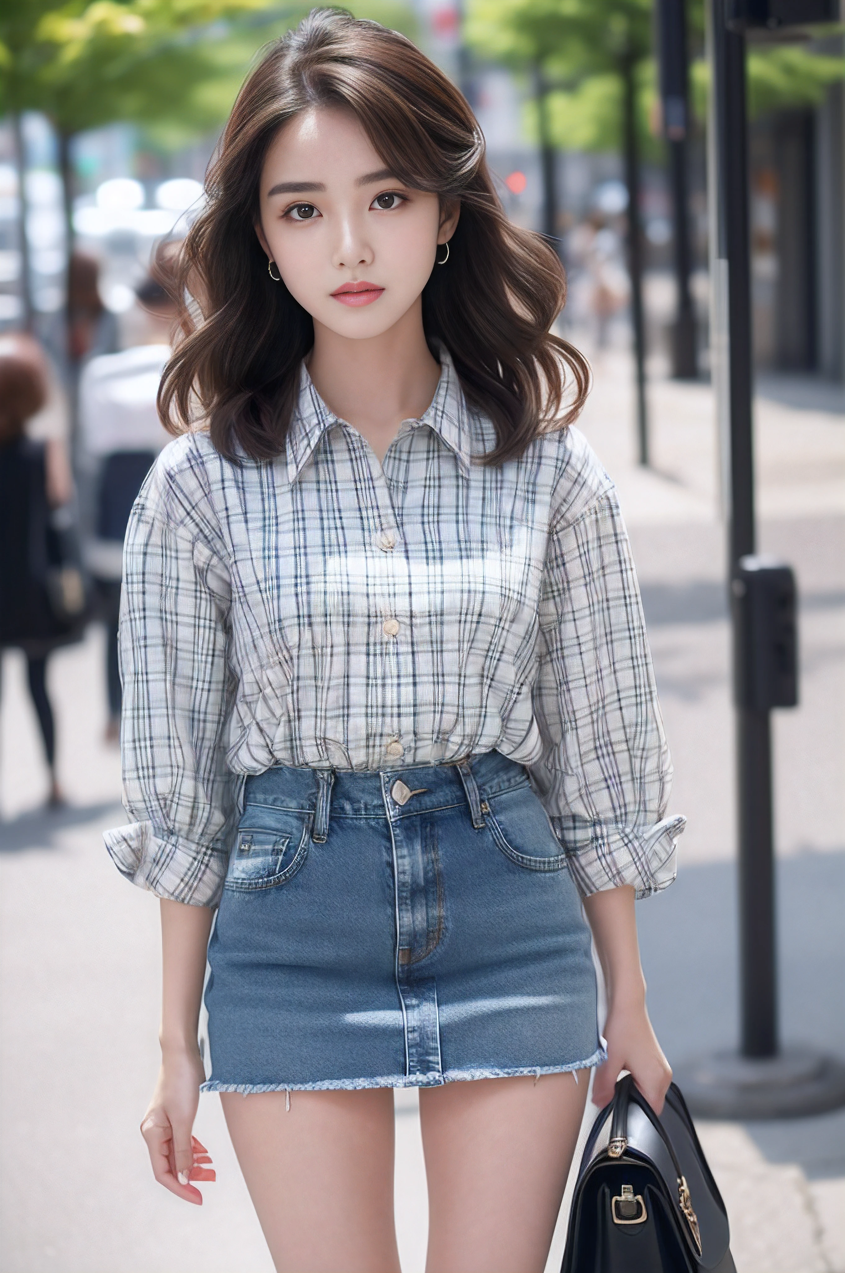 Denim skirt、Gingham plaid shirt、pumps、A detailed face、Detailed lips、A detailed eye、luslous skin、One Person