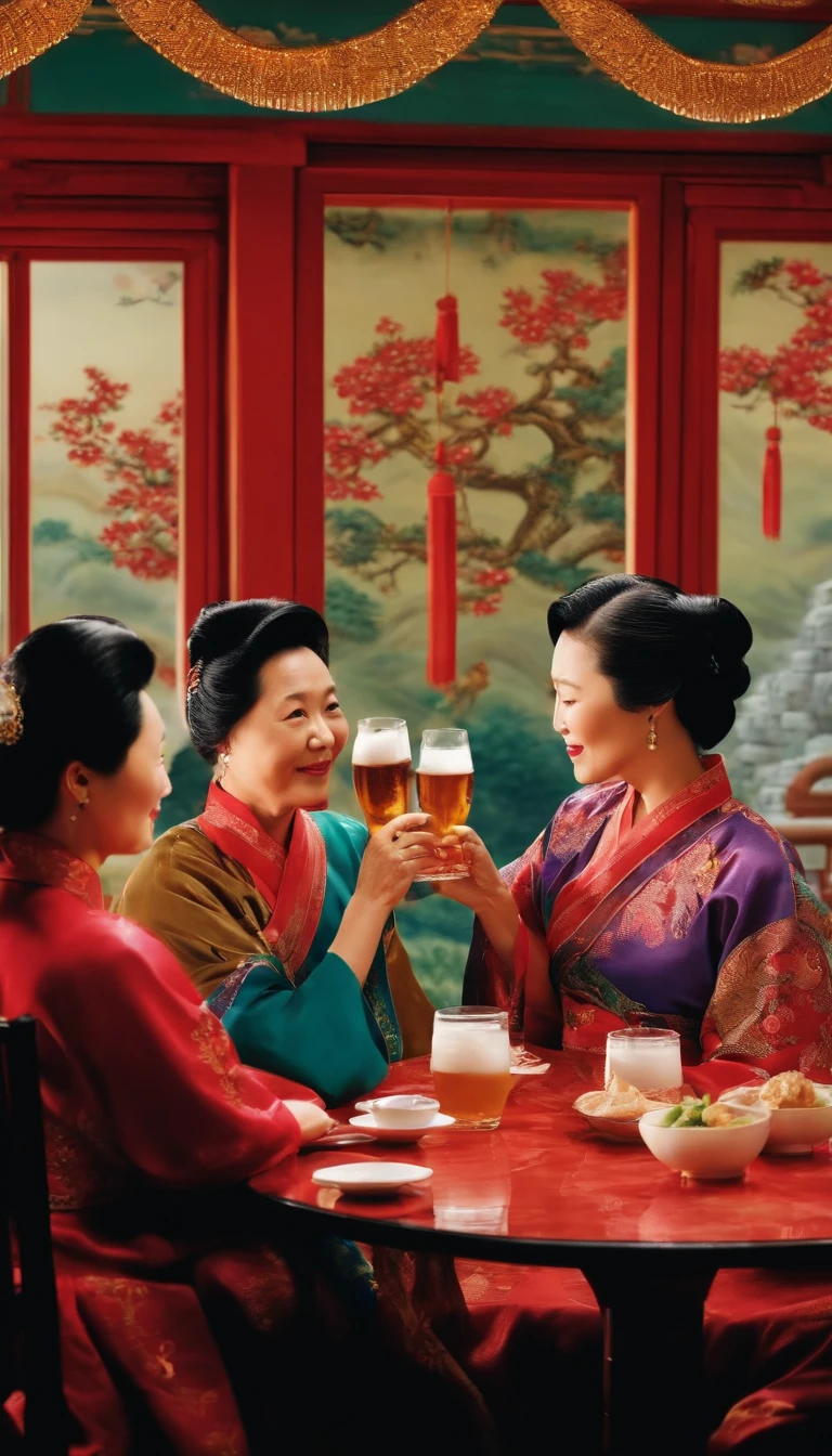 photorealestic，The background is clean，Two ordinary Chinese middle-aged women，in the dining room，Clink，drinking beer